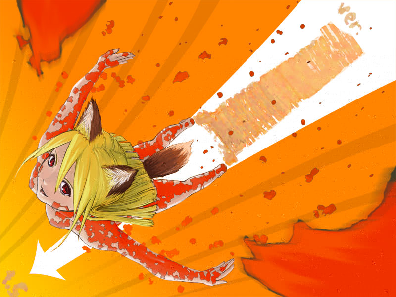 mozilla firefox, os-tan, 1girl, animal ears, arrow (symbol), blonde hair, breasts, female focus, fox ears, fox tail, from above, orange background, orange theme, personification, perspective, red eyes, short hair, small breasts, smile, solo, tail