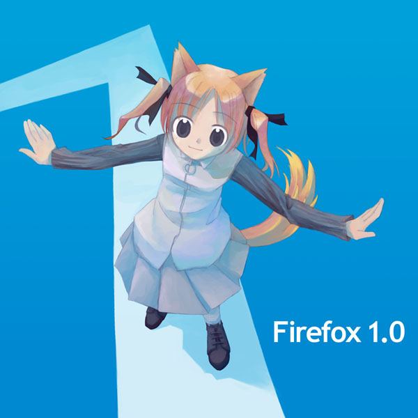 lolifox, mozilla firefox, os-tan, 1girl, animal ears, blue eyes, female focus, fox ears, fox tail, from above, full body, hair ribbon, long hair, long sleeves, looking at viewer, orange hair, outstretched arms, personification, ribbon, shoes, skirt, smile, solo, spread arms, standing, tail, twintails