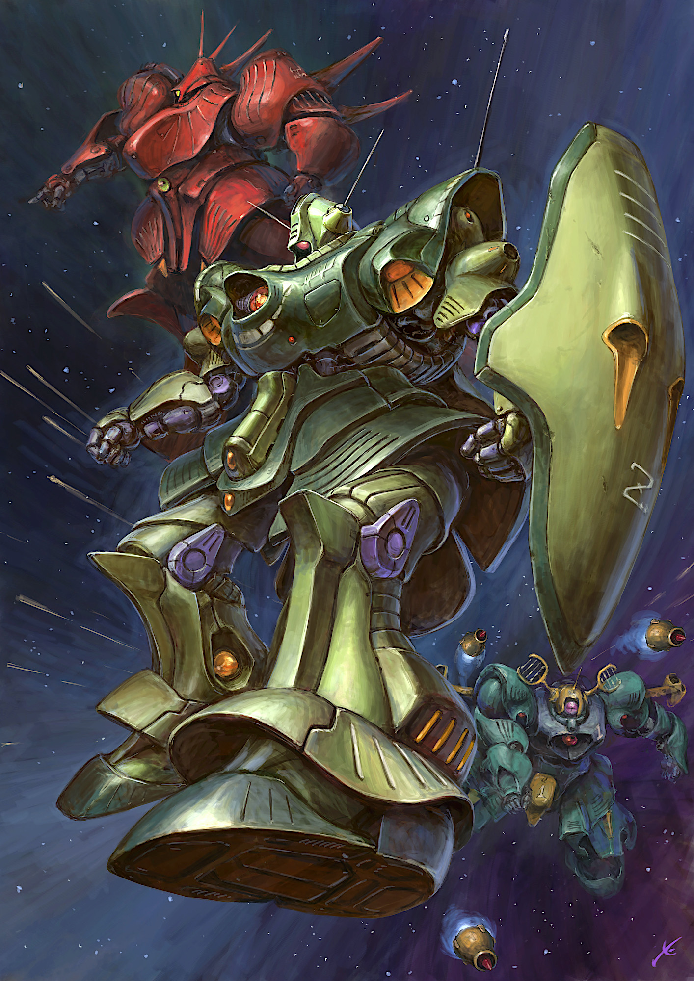 youkoumori, geara doga, jagd doga gyunei custom, sazabi, char's counterattack, gundam, original, commentary request, highres, flying, funnels (gundam), green eyes, mecha, mecha focus, mobile suit, neo zeon, no humans, one-eyed, pointing, purple eyes, radio antenna, red eyes, redesign, robot, science fiction, shield, space, star (sky)