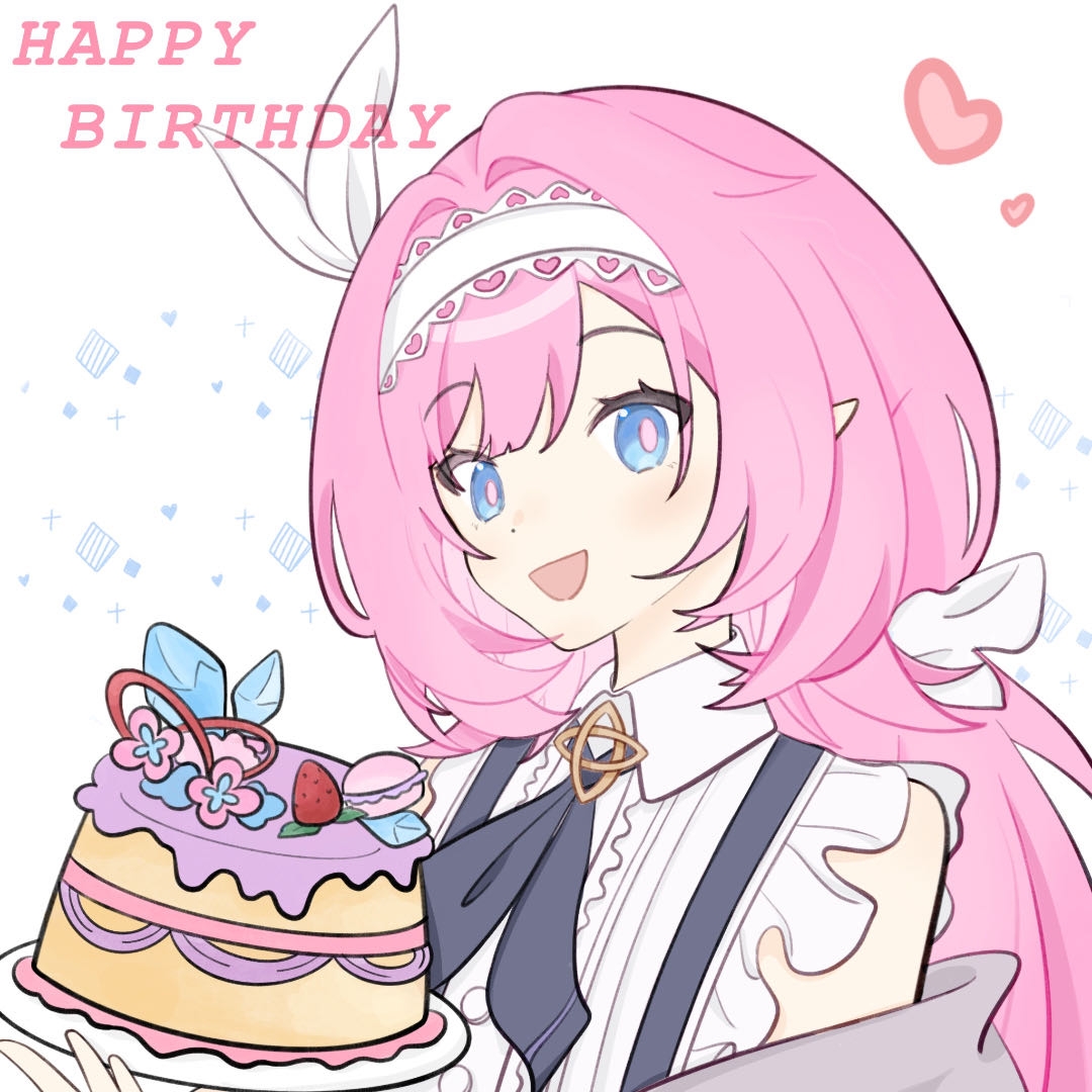 elysia (honkai impact), honkai (series), honkai impact 3rd, chinese commentary, commentary request, 1girl, blue eyes, cake, chenruishujiadexiaokeai, elf, food, hairband, happy birthday, heart, holding, holding cake, holding food, long hair, official alternate costume, open mouth, pink hair, pointy ears, shirt, simple background, solo, suspenders, upper body, white background, white hairband, white shirt