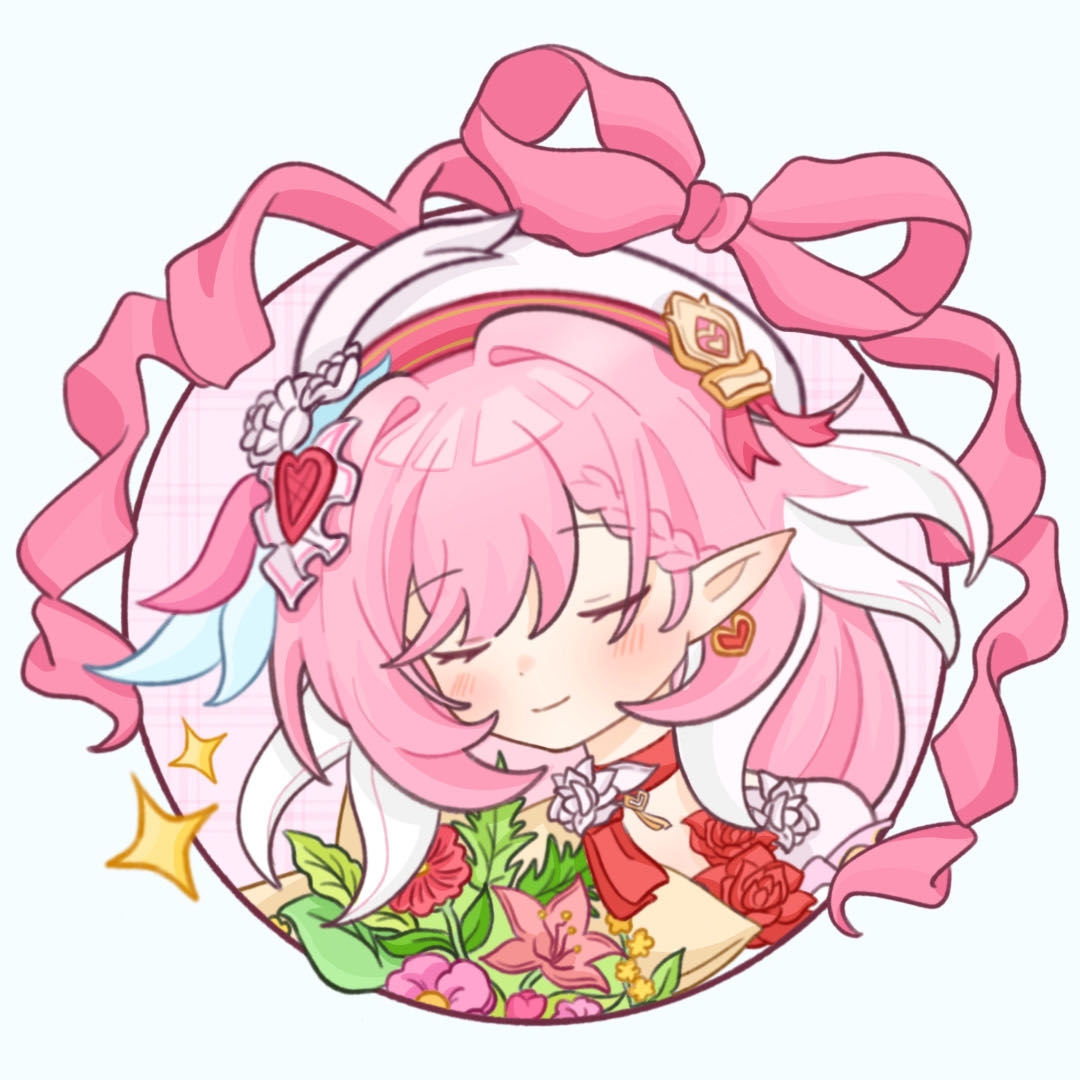 elysia (honkai impact), honkai (series), honkai impact 3rd, commentary request, 1girl, bouquet, chenruishujiadexiaokeai, closed eyes, earrings, elf, flower, hat, heart, heart earrings, jewelry, long hair, multicolored hair, pink hair, pointy ears, simple background, smile, solo, star (symbol), two-tone hair, white background, white hair, white hat