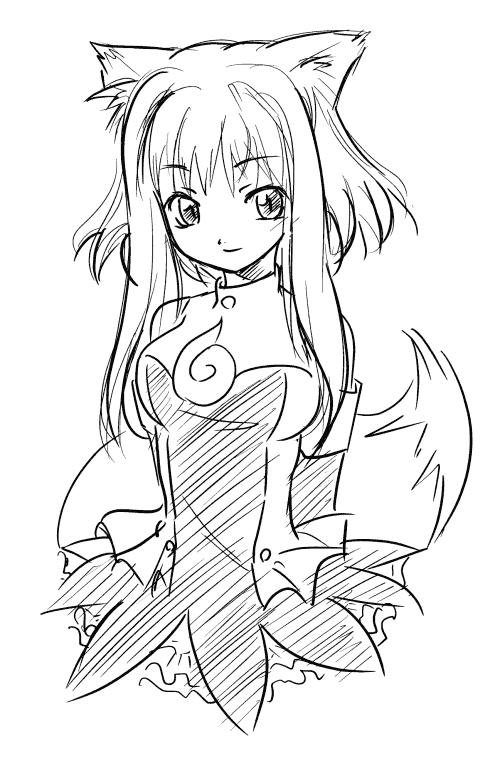 mozilla firefox, os-tan, 1girl, animal ears, arms behind back, detached sleeves, female focus, fox ears, fox tail, greyscale, looking at viewer, monochrome, personification, short hair, sidelocks, simple background, sketch, sleeveless, smile, solo, tail