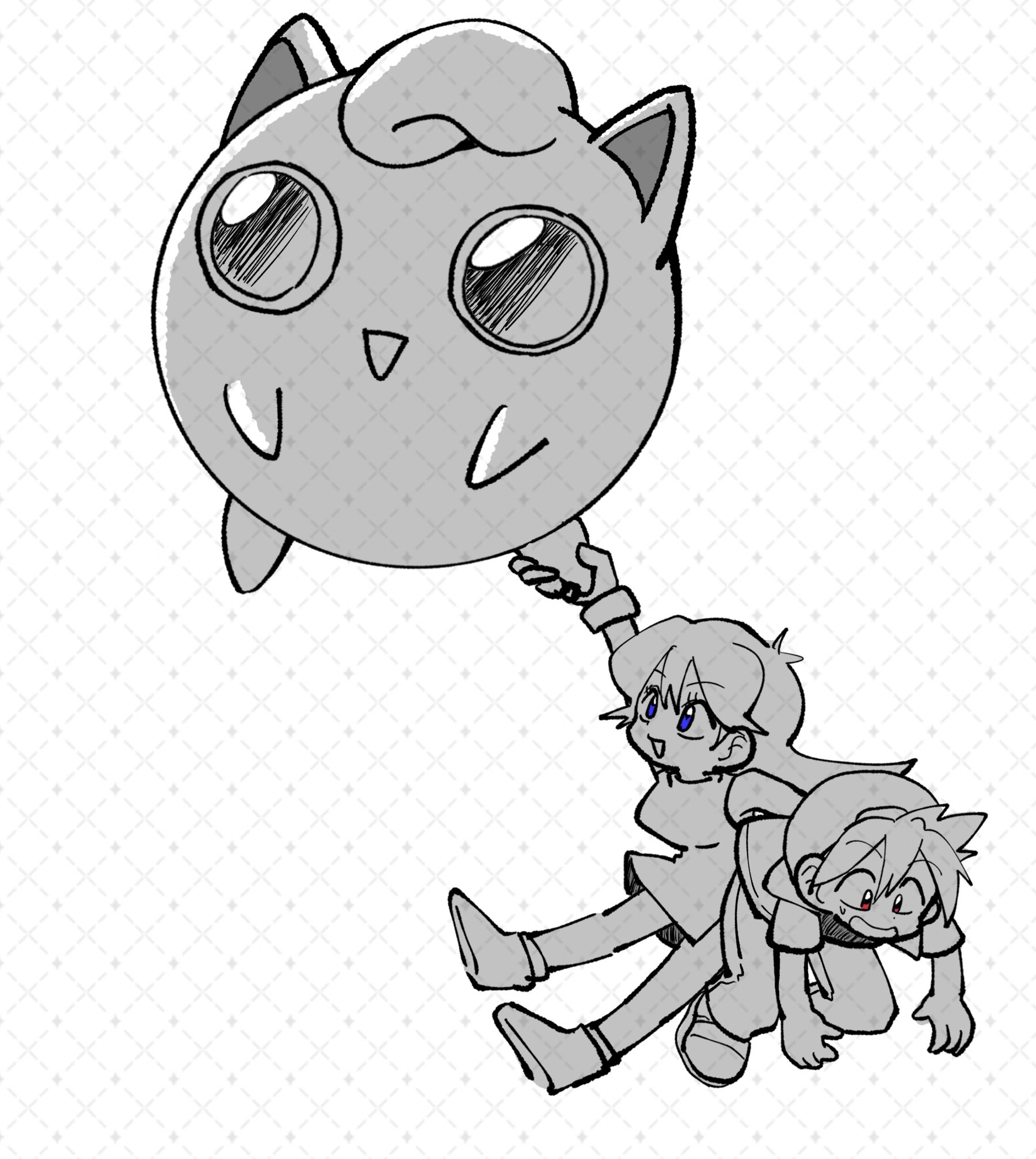 mochi okomekome, green (pokemon), jigglypuff, red (pokemon), nintendo, pokemon, pokemon lgpe, pokemon rgby, highres, backwards hat, blue eyes, dress, eyelashes, gen 1 pokemon, grabbing another's leg, hanging on another, hat, jacket, long hair, open mouth, pokemon (creature), red eyes, shoes, short dress, short hair, smile, spot color, sweatdrop, tareme