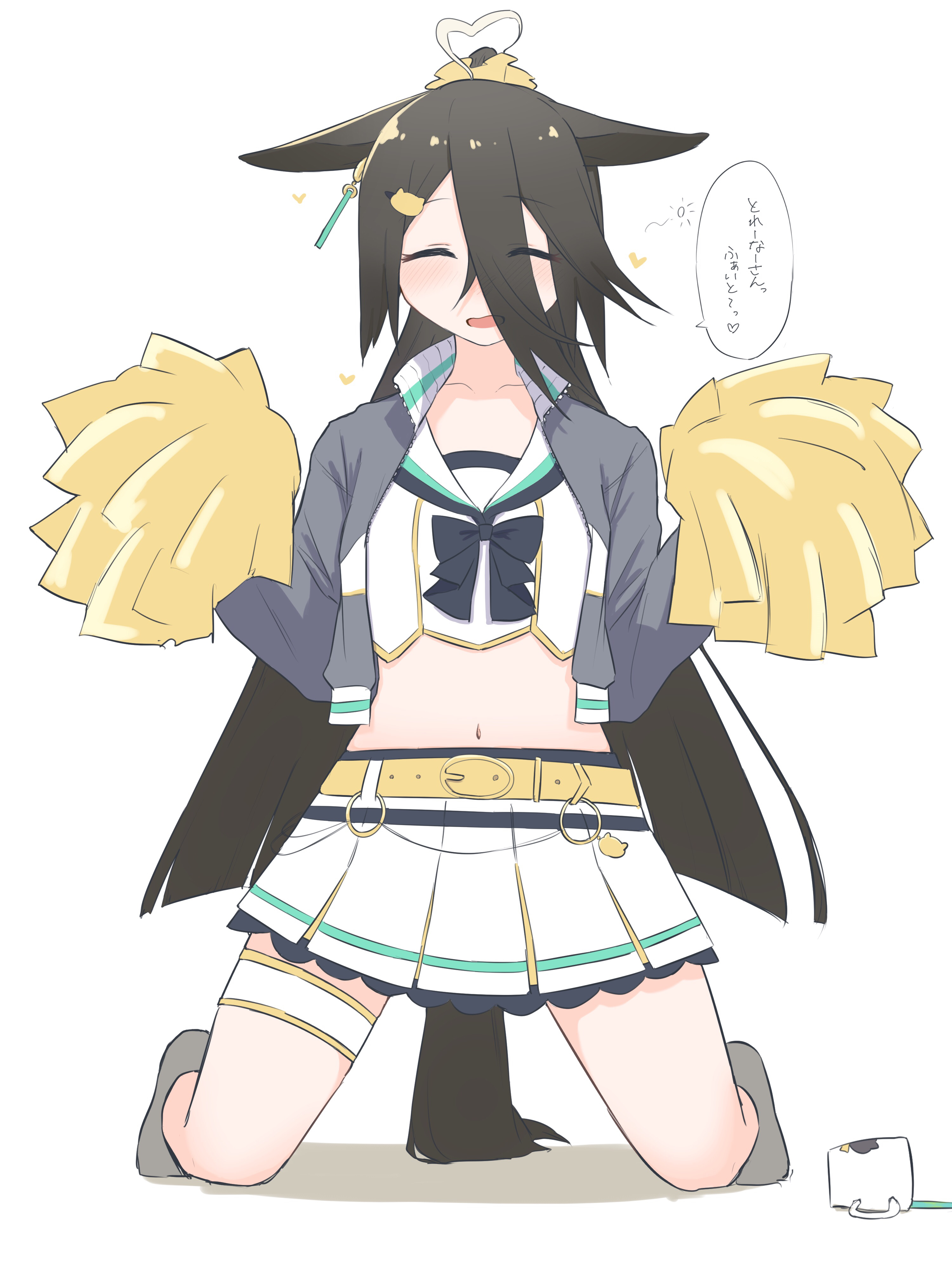 luca (luca 0520), manhattan cafe (umamusume), umamusume, absurdres, highres, 1girl, ahoge, animal ears, belt, black hair, cheerleader, closed eyes, crop top, cropped jacket, cup, ear ornament, ear tag, earrings, ears down, expressive hair, frilled skirt, frills, green jacket, hair ornament, hair scrunchie, holding, holding pom poms, horse ears, horse girl, horse tail, jacket, jewelry, kneeling, long hair, mug, multicolored hair, navel, open clothes, open jacket, parted lips, pleated skirt, pom pom (cheerleading), pom poms, scrunchie, shirt, single earring, skirt, smile, solo, spill, tail, very long hair, white hair, white shirt, white skirt, yellow belt