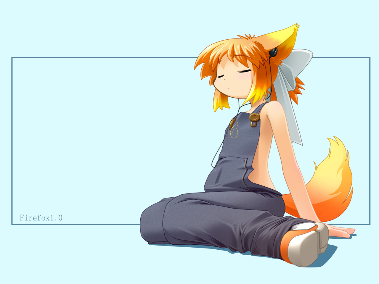 kitsupon, lolifox, mozilla firefox, os-tan, framed, official art, official wallpaper, 1girl, animal ears, arm support, black background, blonde hair, blue background, blush, bow, bowtie, buttons, child, closed eyes, copyright name, digital media player, earbuds, earphones, female focus, flat chest, fox ears, fox tail, from side, full body, gradient hair, hair bow, multicolored hair, naked overalls, orange hair, overalls, personification, ponytail, shadow, shoes, short hair, sidelocks, simple background, sitting, sneakers, solo, tail, wariza