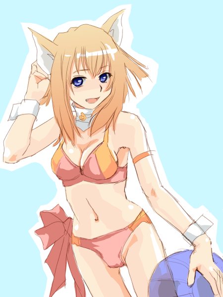 piro (artist), piro (piro r), mozilla firefox, os-tan, 1girl, adjusting hair, animal ears, armband, ball, beachball, bikini, blue eyes, bow, breasts, choker, cleavage, female focus, fox ears, happy, medium breasts, navel, orange hair, personification, solo, swimsuit, wrist cuffs