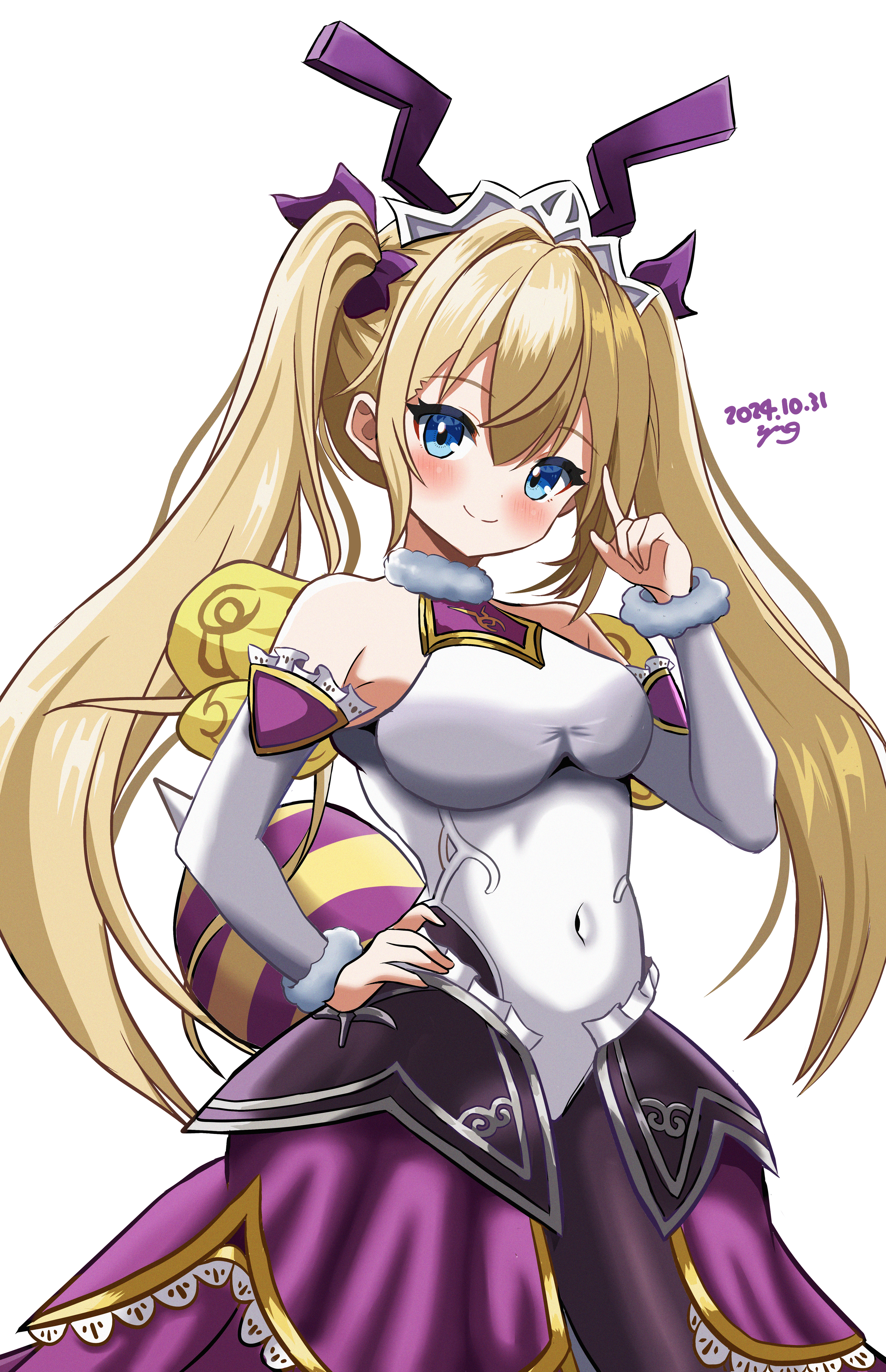 yanapy, emil chronicle online, absurdres, highres, 1girl, antennae, armored skirt, arthropod girl, artist name, bee girl, blonde hair, blue eyes, bow, breasts, dated, detached sleeves, frilled sleeves, frills, hair bow, insect girl, large breasts, leotard, long hair, pantyhose, pointing, pointing up, purple bow, purple skirt, queenbee alma, skirt, smile, solo, tiara, twintails, white background, white leotard, white sleeves