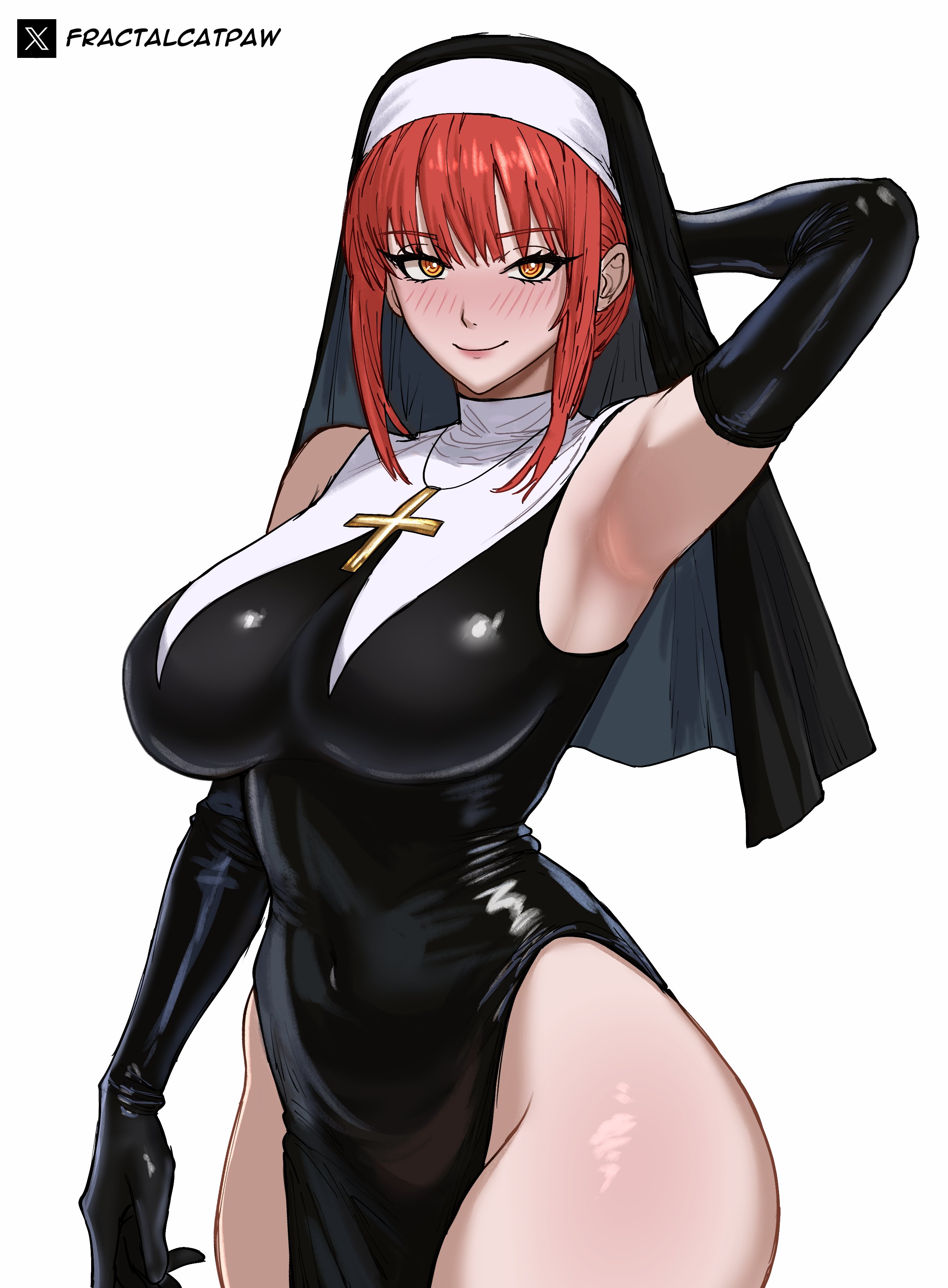 makima (chainsaw man), chainsaw man, absurdres, commentary, english commentary, highres, 1girl, alternate costume, arm behind head, arm up, armpits, artist name, bare shoulders, black dress, black gloves, black veil, blush, breasts, closed mouth, collar, cowboy shot, cross, cross necklace, dress, elbow gloves, fractalcatpaw, gloves, guimpe, jewelry, large breasts, looking at viewer, medium hair, necklace, nun, pelvic curtain, red hair, ringed eyes, side slit, sidelocks, simple background, sleeveless, sleeveless dress, smile, solo, thighs, twitter x logo, veil, white background, white collar, wispy bangs, yellow eyes