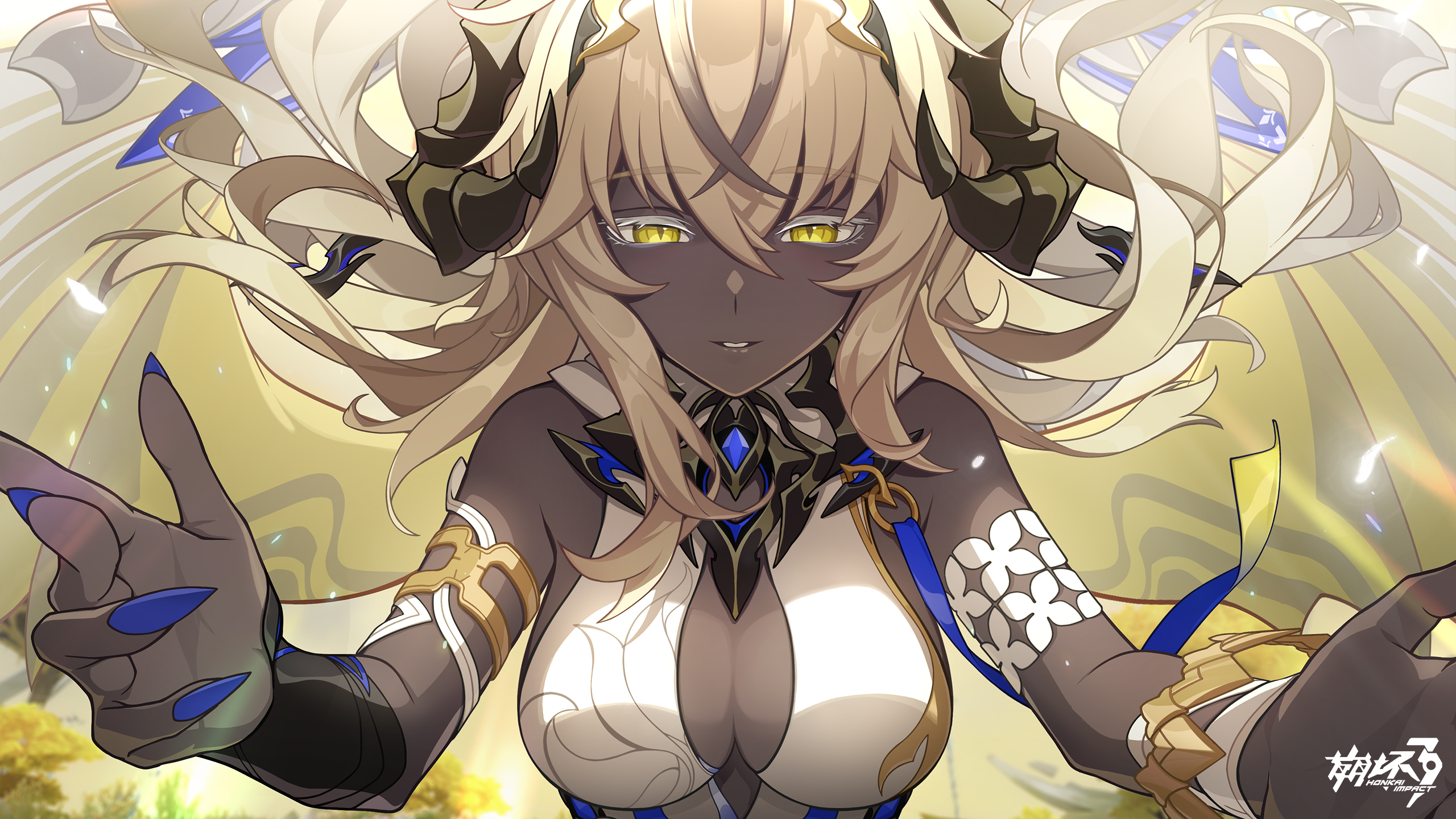 nahralab (honkai impact), honkai (series), honkai impact 3rd, game cg, highres, official art, 1girl, armband, bare shoulders, black horns, blonde hair, blue nails, breasts, cleavage, cleavage cutout, clothing cutout, colored eyelashes, dark-skinned female, dark skin, diamond-shaped pupils, diamond (shape), dragon girl, dress, fingernails, gold, hair between eyes, horns, hug, jewelry, large breasts, lips, long hair, looking at viewer, nail polish, outstretched arms, oversized wings, parted lips, raised eyebrows, sharp fingernails, sidelocks, sleeveless, sleeveless dress, smile, solo, spread arms, symbol-shaped pupils, teeth, very long hair, white dress, white eyelashes, wings, yellow eyes, yellow wings