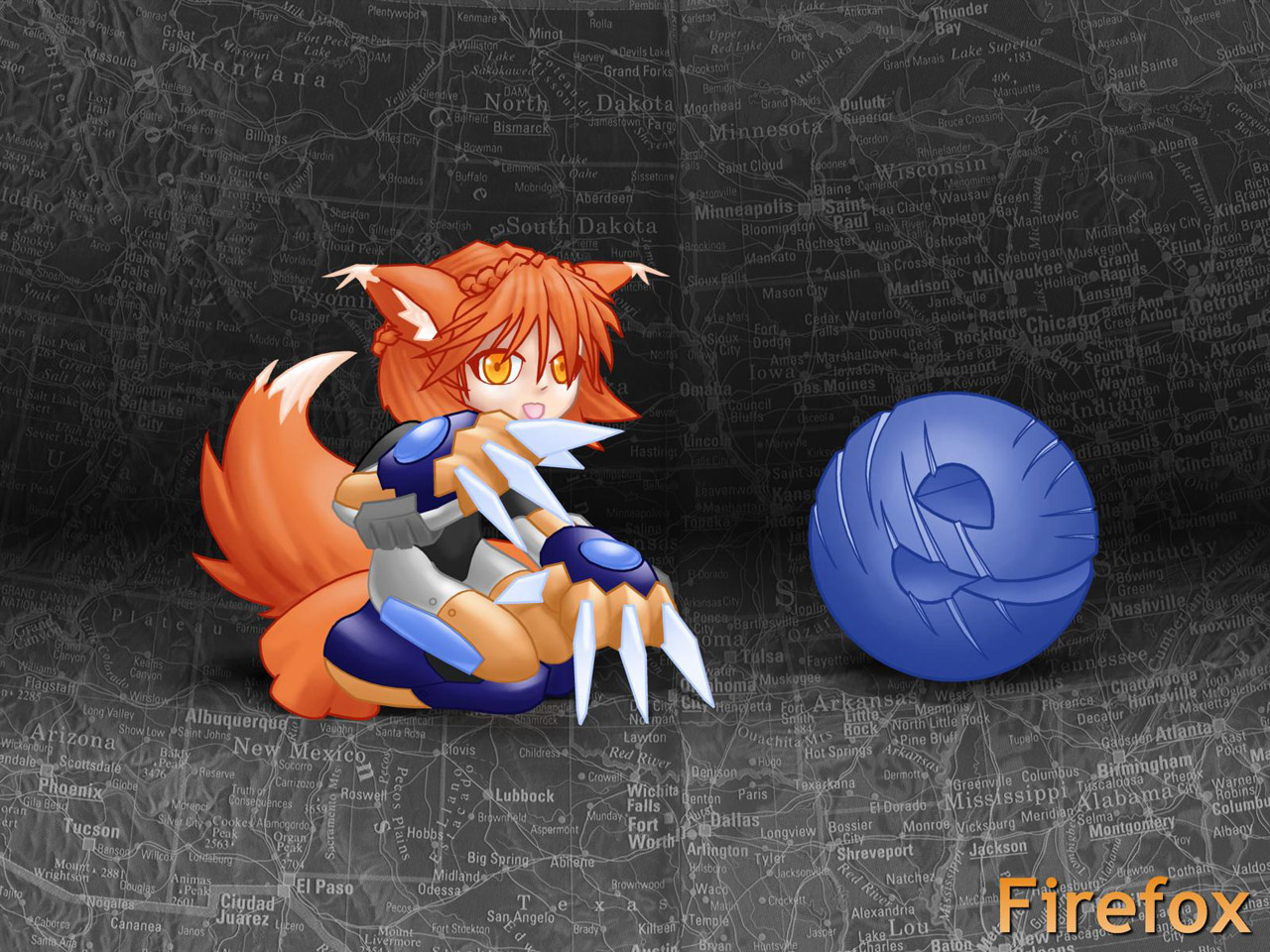 internet explorer, mozilla firefox, os-tan, 1girl, animal ears, copyright name, female focus, fox ears, fox tail, personification, solo, tail, yellow eyes