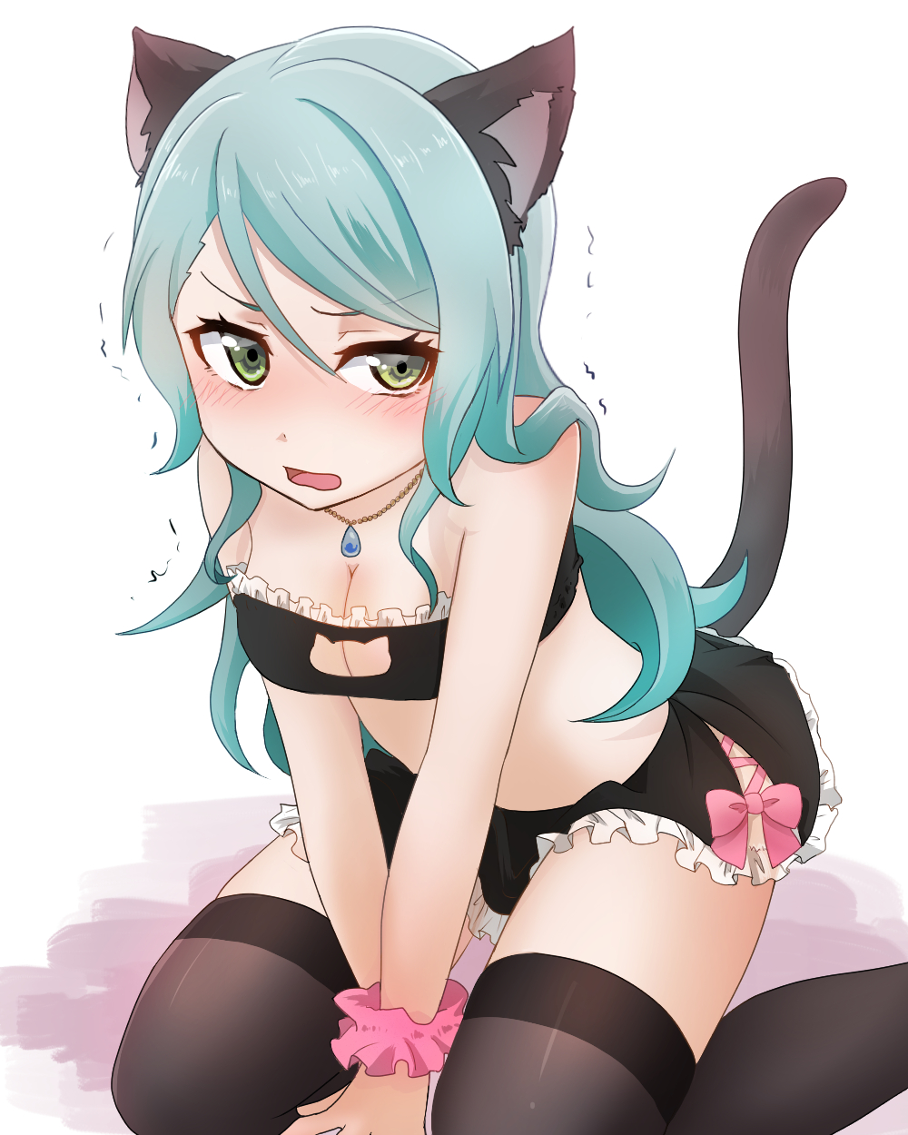hikawa sayo, bang dream!, highres, animal ears, aqua hair, atari (atari p), black thighhighs, bow, cat ears, cat lingerie, cat tail, cross-laced clothes, cross-laced skirt, frilled wrist cuffs, frills, green eyes, jewelry, necklace, pink bow, pink wrist cuffs, skirt, tail, thighhighs, wrist cuffs