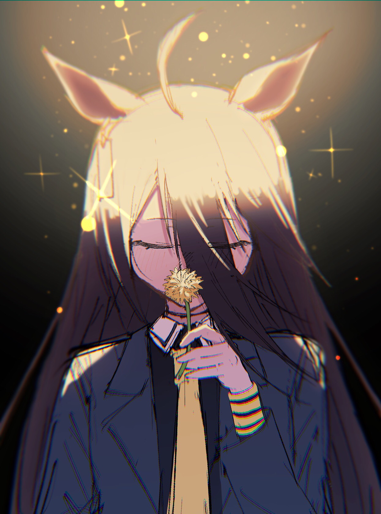 luca (luca 0520), manhattan cafe (umamusume), umamusume, highres, 1girl, animal ears, black choker, black coat, black shirt, choker, chrysanthemum, coat, collared shirt, contrast collar, ear ornament, ear tag, earrings, flower, hair flower, hair ornament, hand up, horse ears, horse girl, jewelry, long hair, long sleeves, necktie, open clothes, open coat, shirt, single earring, smelling, smelling flower, solo, very long hair, yellow flower, yellow necktie