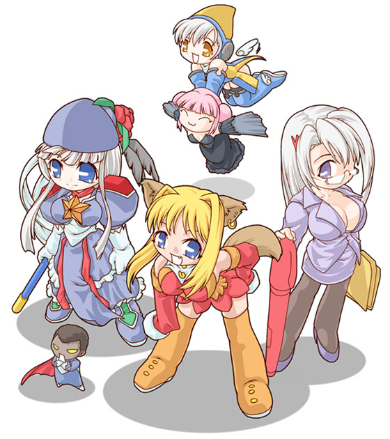 itanki, nvu, opera-tan, seamonkey, mozilla firefox, mozilla thunderbird, os-tan, silver hair, md5 mismatch, 1boy, 5girls, :3, ^ ^, animal ears, bent over, blonde hair, blue eyes, boots, breasts, business suit, chibi, chibi only, cleavage, closed eyes, detached sleeves, dress, ear piercing, earrings, fang, flying, folder, formal clothes, fox ears, fox tail, glasses, hat, jewelry, large breasts, long hair, medium breasts, multiple girls, office lady, orange boots, pantyhose, pencil skirt, personification, piercing, pink hair, purple eyes, shadow, single earring, skirt, suit, superhero costume, tail, thigh boots, thighhighs, wings, yellow eyes