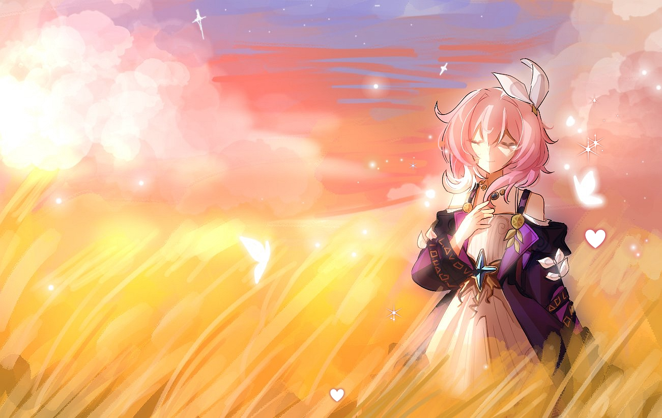 cyrene (honkai: star rail), honkai: star rail, honkai (series), chinese commentary, commentary request, 1girl, bare shoulders, cloud, coat, dress, gradient sky, hair ornament, jewelry, multicolored hair, necklace, outdoors, pink hair, purple coat, short hair, sky, solo, two-tone hair, wheat, wheat field, white dress, white hair, yu xiang rou si