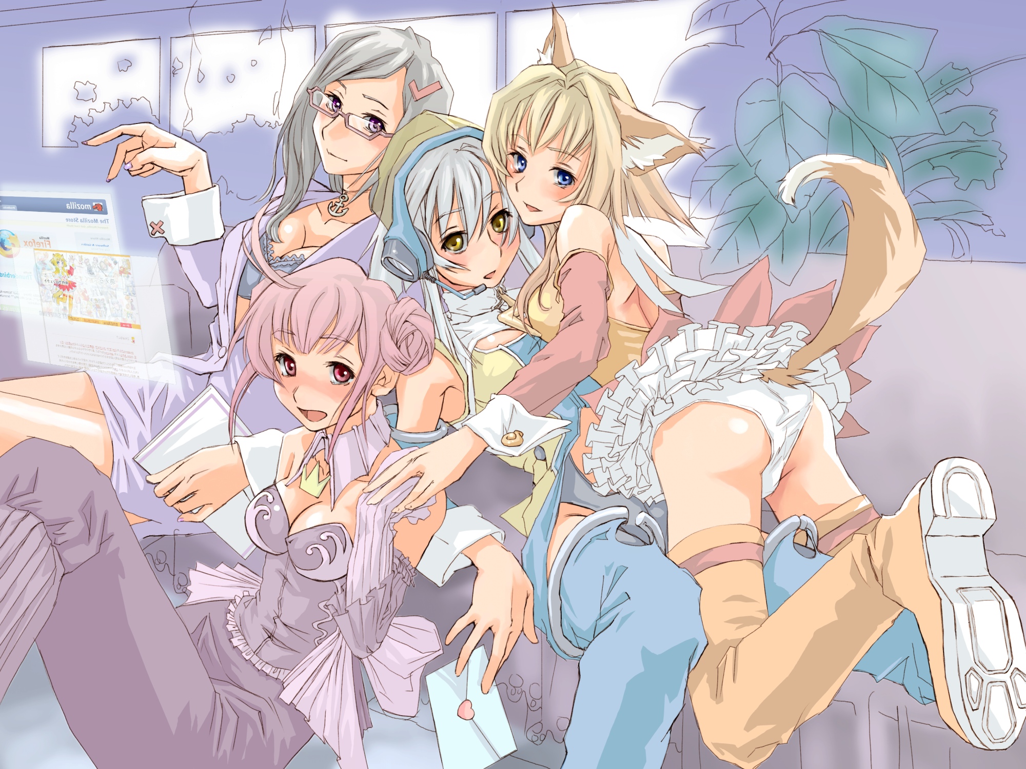piro (artist), piro (piro r), nvu, seamonkey, mozilla firefox, mozilla thunderbird, os-tan, silver hair, highres, 4girls, ahoge, animal ears, ass, blazer, blonde hair, blue eyes, blush, boots, bra, breasts, cleavage, detached sleeves, double bun, dress, fox ears, fox tail, frills, gathers, glasses, hair bun, hair ornament, hairclip, headphones, jacket, large breasts, leotard, lingerie, looking back, medium breasts, miniskirt, multiple girls, orange boots, panties, personification, pink eyes, pink hair, purple dress, purple eyes, shirt, skirt, sleeveless, tail, thigh boots, thighhighs, underwear, white panties, yellow eyes, yuri