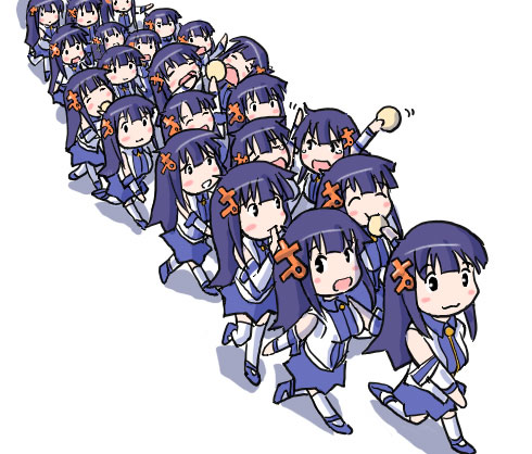 xp-tan, os-tan, lowres, 6+girls, blue hair, blue skirt, chibi, chibi only, clone, hair ornament, letter hair ornament, multiple girls, parade, skirt, thighhighs, walking