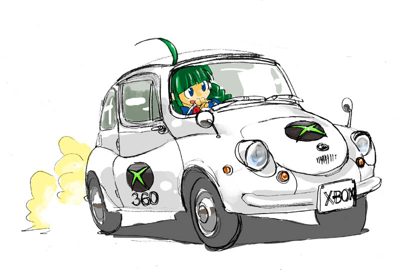 me-tan, os-tan, subaru (brand), 1girl, ahoge, blue eyes, car, female focus, game console, green hair, license plate, motor vehicle, name connection, pun, simple background, solo, subaru 360, vehicle focus, white background, xbox 360