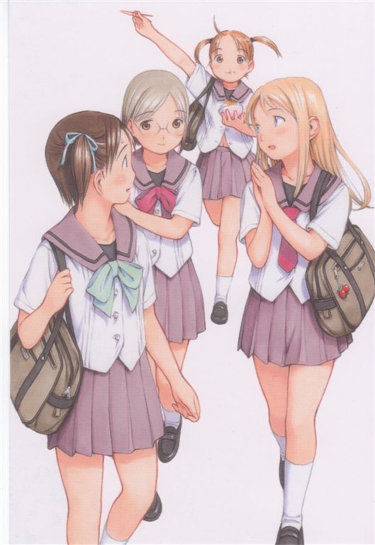 yug (ekaki), ana coppola, itou chika, matsuoka miu, sakuragi matsuri, ichigo mashimaro, black footwear, white legwear, 4girls, aged up, bag, blonde hair, blush, bow, brown hair, child, glasses, loafers, long hair, multiple girls, necktie, orange hair, pleated skirt, purple skirt, sailor collar, school bag, school uniform, serafuku, shoes, simple background, skirt, socks, standing, twintails