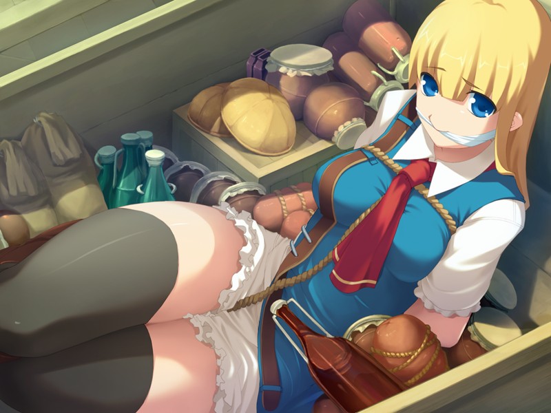 furudera naru, octavia (tears to tiara), tears to tiara, game cg, 00s, 1girl, arms behind back, bdsm, between breasts, between thighs, blonde hair, blue eyes, bondage, bottle, bound, breasts, cleave gag, cloth gag, crate, crotch rope, female focus, food, gag, gagged, improvised gag, long hair, rope, solo, thighhighs, zettai ryouiki