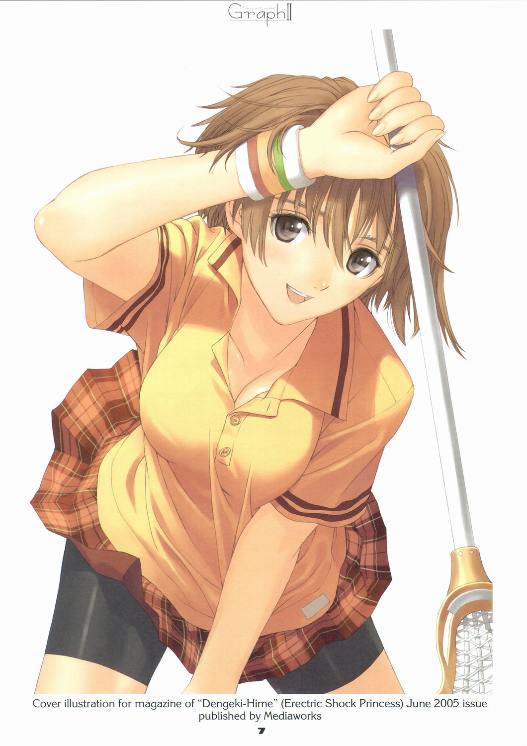 tony taka, dengeki hime, original, highres, non-web source, scan, 00s, 1girl, 2005, arm up, bike shorts, bike shorts under skirt, blush, breasts, brown hair, cleavage, female focus, grey eyes, lacrosse, leaning forward, looking at viewer, medium breasts, plaid clothes, plaid skirt, polo shirt, school uniform, serafuku, short hair, shorts, shorts under skirt, simple background, skirt, smile, solo, white background, wristband