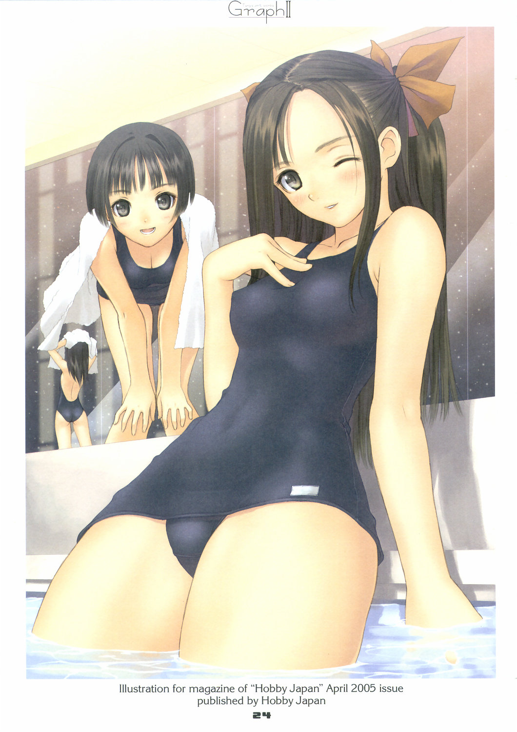 tony taka, original, highres, 3girls, black one-piece swimsuit, blush, breasts, cleavage, female focus, hair ribbon, medium breasts, multiple girls, one-piece swimsuit, one eye closed, partially submerged, ribbon, school swimsuit, swimsuit, towel, water, wink