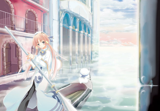 konatsu karasu, aria pokoteng, mizunashi akari, aria (manga), 00s, 1girl, black pantyhose, cat, cloud, female focus, gondola, hair tubes, hat, high collar, oar, pantyhose, short hair with long locks, sidelocks, solo, standing, venice, water