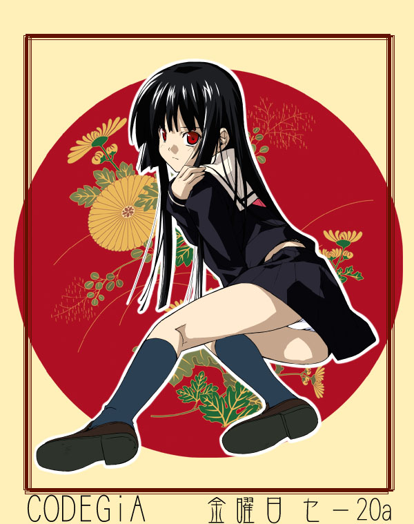 minamino kanata, enma ai, jigoku shoujo, 00s, 1girl, black hair, black serafuku, black socks, blunt bangs, blush, border, chrysanthemum, female focus, floral background, flower, full body, hime cut, kneehighs, long hair, looking back, lying, on side, outline, panties, pantyshot, pleated skirt, red eyes, school uniform, serafuku, shoes, skirt, socks, solo, underwear, upskirt, white panties