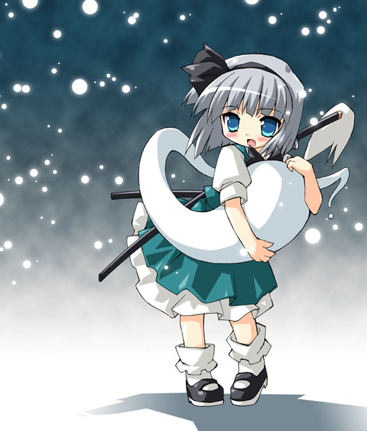 petenshi (dr. vermilion), konpaku youmu, konpaku youmu (ghost), touhou, 1girl, blush, bob cut, female focus, hitodama, katana, sheath, sheathed, snow, snowing, socks, solo, sword, weapon