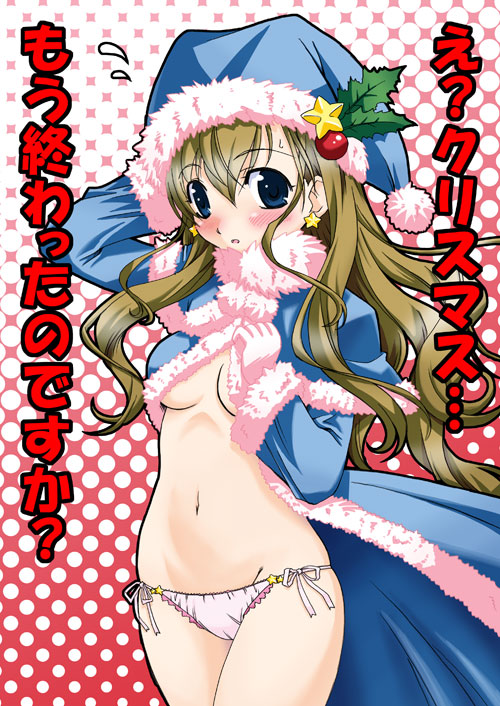 yuuma (artist), yuuma (skirthike), toudou shimako, maria-sama ga miteru, translated, 00s, 1girl, arm behind head, blue eyes, blush, breasts, brown hair, christmas, coat, earrings, female focus, flapper shirt, flying sweatdrops, frilled panties, frills, gloves, halftone, halftone background, hat, holly, jewelry, lace, lace-trimmed panties, lace trim, long hair, medium breasts, navel, open clothes, open coat, panties, pink panties, santa costume, santa hat, shirt, side-tie panties, solo, standing, star (symbol), star earrings, underboob, underwear, white gloves