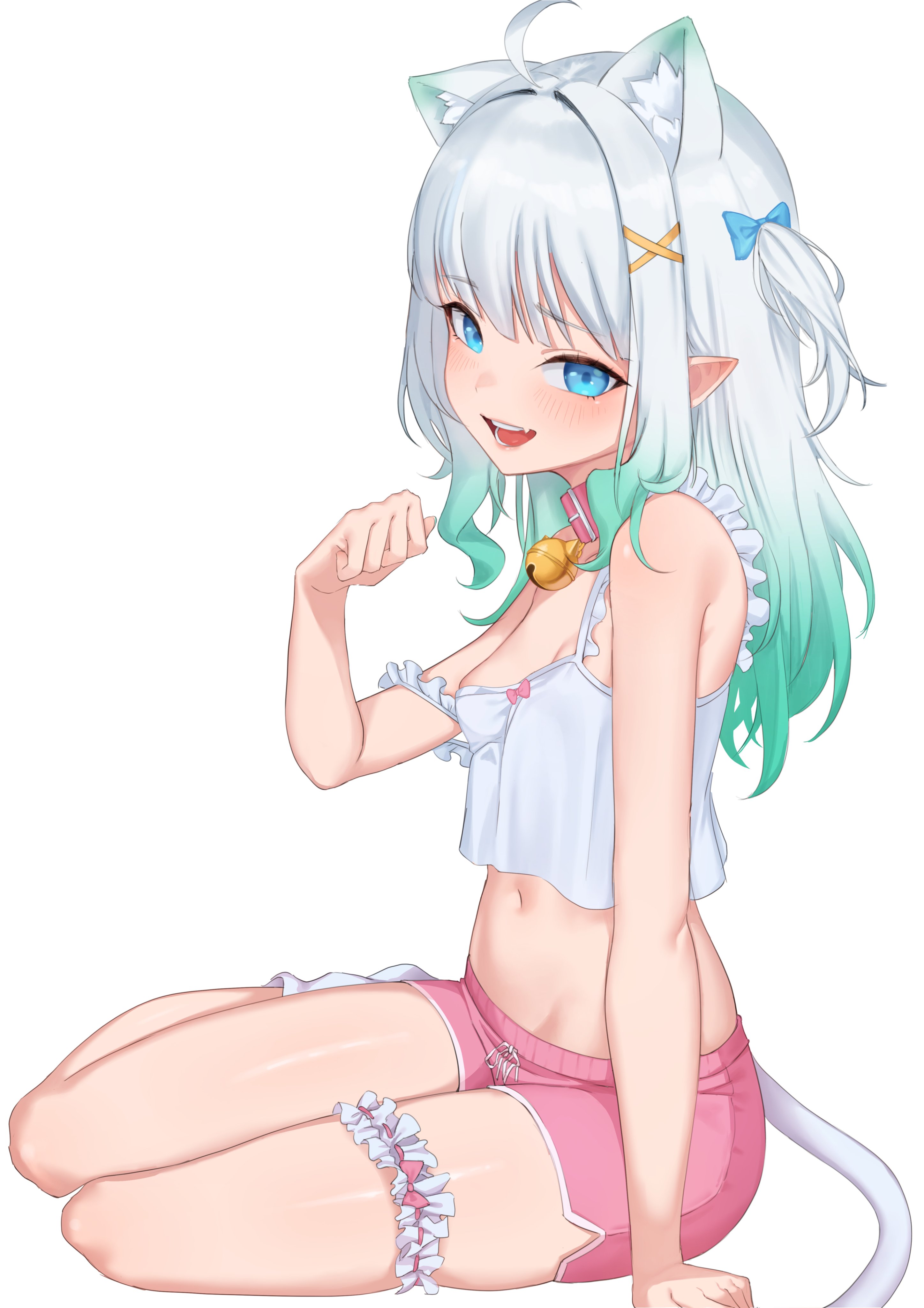 lunarisbloom, mint fantome, mint fantome (otaku), indie virtual youtuber, absurdres, commentary, english commentary, highres, 1girl, ahoge, animal collar, animal ear fluff, animal ears, aqua hair, arm support, bare arms, bare shoulders, bell, blue bow, blue eyes, blush, bow, breasts, camisole, cat ears, cat girl, cat tail, collar, dolphin shorts, fang, frilled camisole, frilled thigh strap, frills, gradient hair, hair bow, hair ornament, jingle bell, long hair, looking at viewer, multicolored hair, navel, neck bell, open mouth, paw pose, pink collar, pink shorts, pointy ears, short shorts, shorts, simple background, sitting, small breasts, smile, solo, strap slip, tail, thigh strap, two-tone hair, virtual youtuber, white background, white camisole, white hair, x hair ornament, yokozuwari