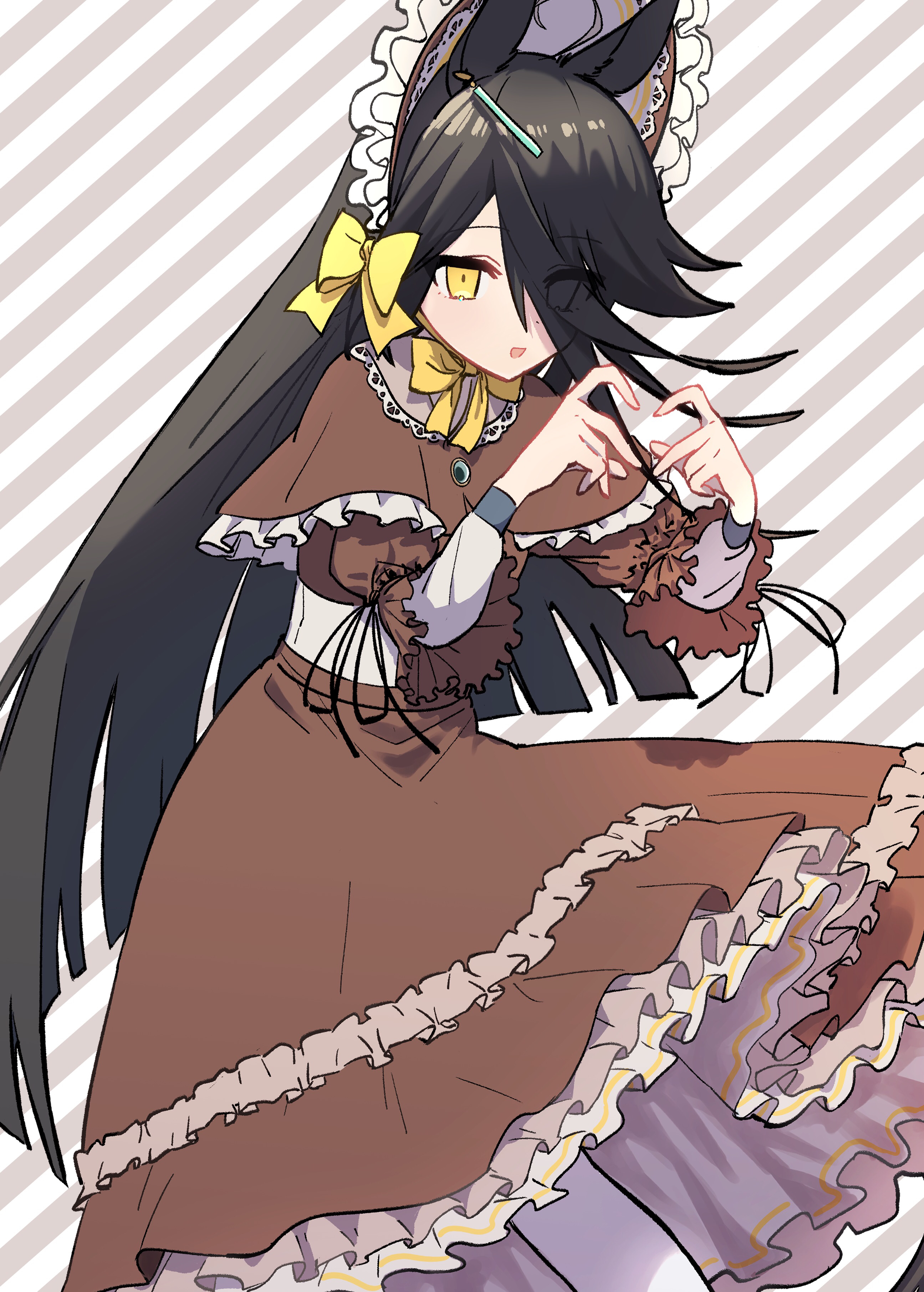 luca (luca 0520), manhattan cafe (umamusume), umamusume, absurdres, commentary, highres, 1girl, ahoge, animal ears, black hair, bonnet, bow, capelet, chocolate, dress, ear tag, earrings, eyes visible through hair, frilled bonnet, frilled capelet, frilled dress, frilled headwear, frills, hair between eyes, hair over one eye, hat, heart, heart hands, horse ears, horse girl, jewelry, light smile, long bangs, long hair, long sleeves, looking at viewer, multicolored hair, red capelet, red dress, shirt, single earring, smile, solo, striped background, valentine, white hair, yellow bow, yellow eyes