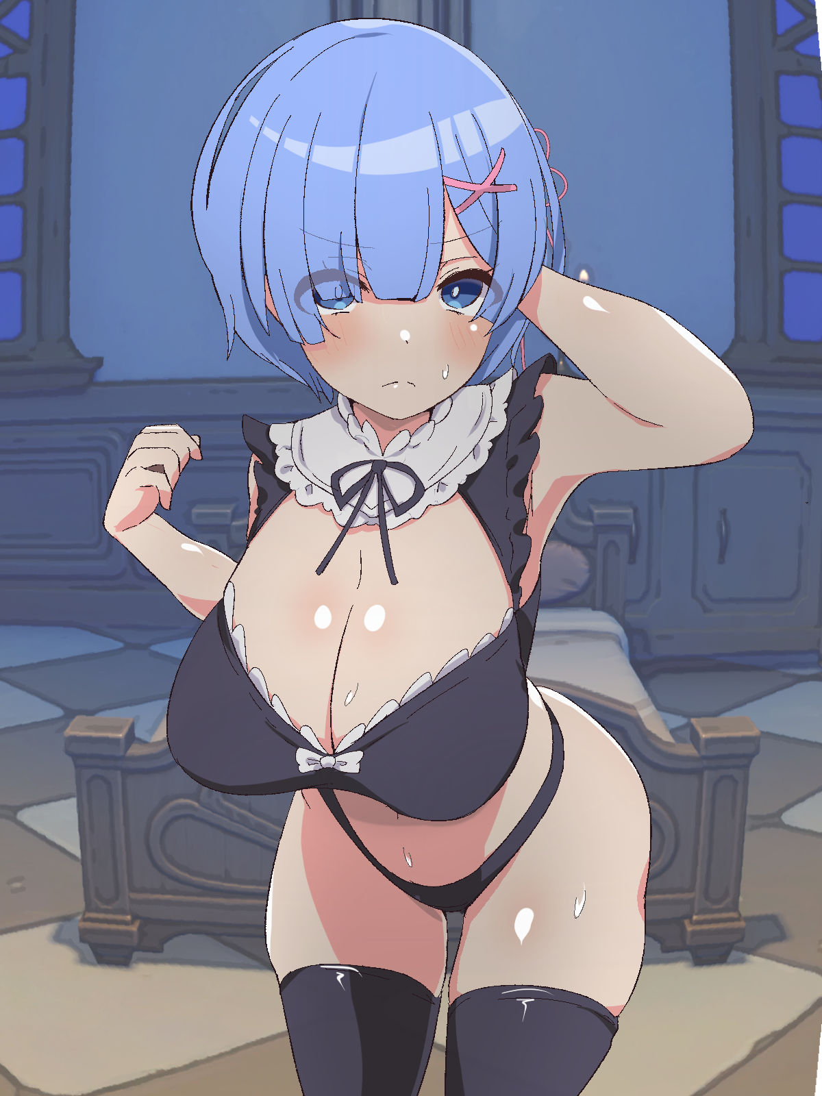 hatenamaru, rem (re:zero), re:zero kara hajimeru isekai seikatsu, 1girl, annoyed, arm behind head, arm up, armpits, black panties, black shirt, black thighhighs, blue eyes, blue hair, blush, breasts, cleavage, cleavage cutout, closed mouth, clothing cutout, collar, cropped shirt, detached collar, dot nose, embarrassed, eyebrows hidden by hair, eyelashes, feet out of frame, female focus, hand up, indoors, large breasts, leaning forward, matching hair/eyes, panties, shirt, short hair, sleeveless, sleeveless shirt, solo, standing, sweat, thick thighs, thighhighs, thighs, underwear, white collar, wide hips