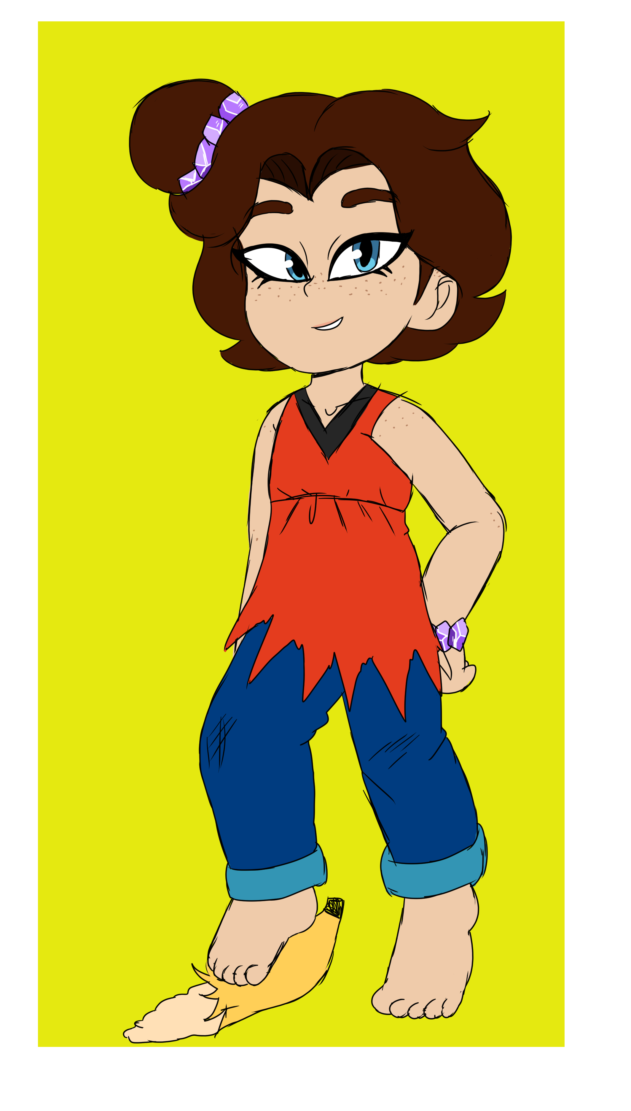 pauline (mario), pauline (young) (mario), donkey kong (series), donkey kong bananza, nintendo, artist request, highres, 1girl, arm at side, baggy pants, banana, barefoot, blue eyes, border, brown hair, curtained hair, denim, eyelashes, feet, female focus, flat chest, food, freckles, fruit, full body, green background, hair intakes, hair ornament, hand on own hip, jeans, long hair, pants, pants rolled up, parted bangs, parted lips, shirt, shoulder freckles, side ponytail, sidelocks, sleeveless, sleeveless shirt, smug, standing, stepping, toes, topknot, v-neck, wristband