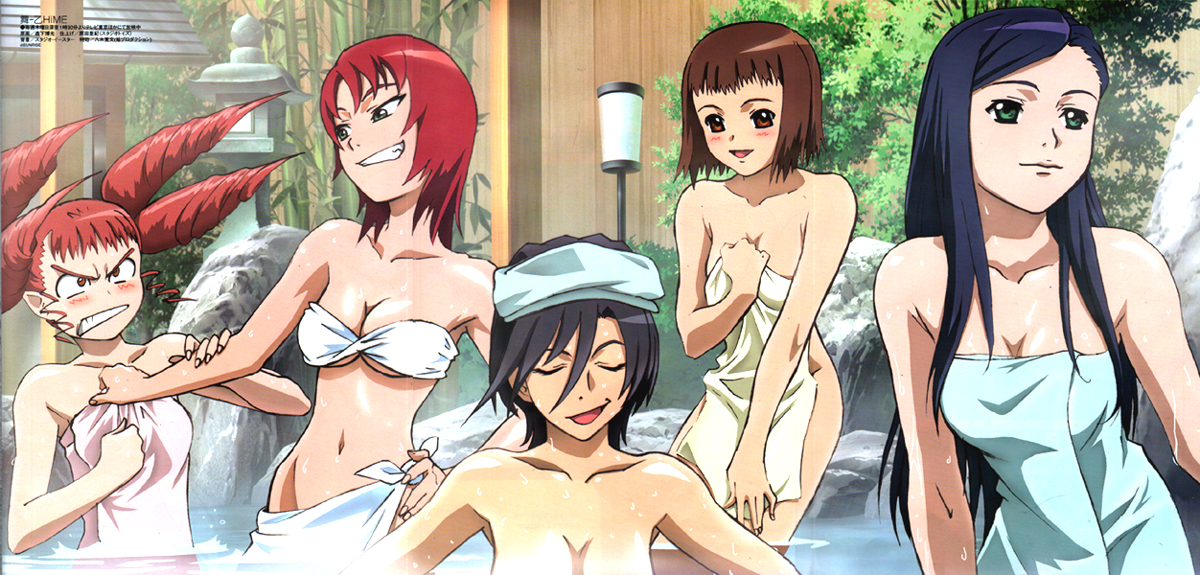 morishita hiromitsu, akane soir, chie hallard, juliet nao zhang, natsuki kruger, shiho huit, yuuki nao, megami magazine, my-otome, magazine scan, non-web source, official art, scan, 00s, 5girls, angry, bare shoulders, bath, bathing, bikini, black hair, blush, breasts, brown eyes, brown hair, cleavage, clenched teeth, closed eyes, covering privates, drill hair, flat chest, green eyes, grin, hand on own hip, hip focus, impossible towel, long hair, medium breasts, multiple girls, naked towel, navel, nude cover, onsen, pink hair, quad tails, red hair, short hair, smile, steam, submerged, swimsuit, teeth, towel, towel around breasts, towel around waist, towel on head, underboob, wading, water, wet