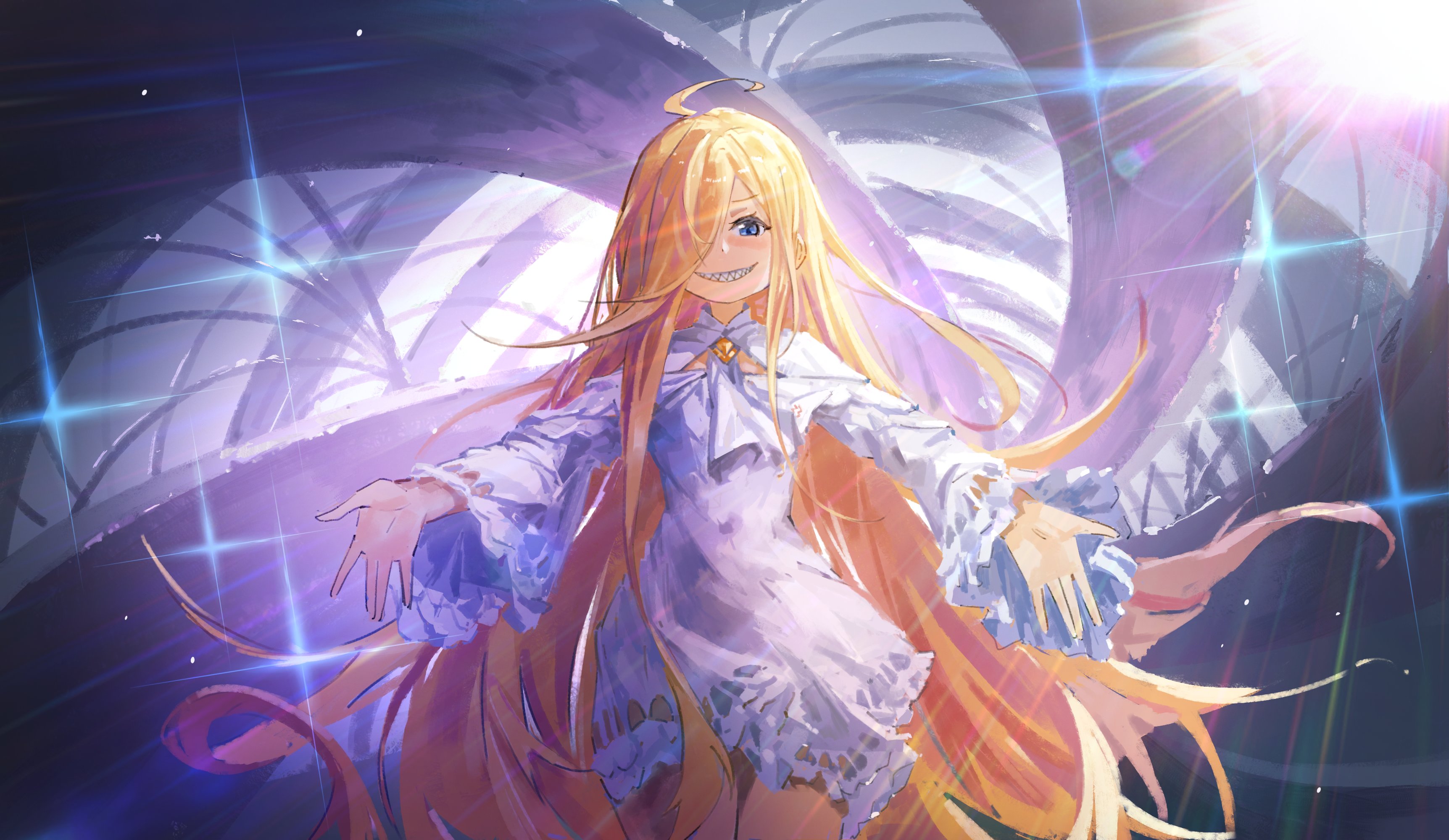 ro ka ro ka, rui arneb, re:zero kara hajimeru isekai seikatsu, absurdres, highres, 1girl, blonde hair, chest jewel, dress, evil grin, evil smile, frills, grin, hair between eyes, lens flare, long hair, long sleeves, looking at viewer, smile, solo, sparkle, star (symbol), very long hair, white dress