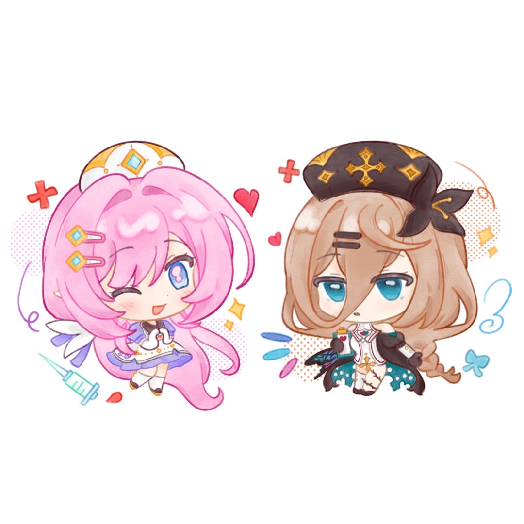 aponia, elysia (honkai impact), honkai (series), honkai impact 3rd, chinese commentary, commentary request, 2girls, ;o, black gloves, blonde hair, blue eyes, chenruishujiadexiaokeai, chibi, chibi only, dress, gloves, hat, heart, long braid, long hair, multiple girls, nurse, nurse cap, official alternate costume, one eye closed, pink hair, simple background, very long hair, white background, white dress, white gloves