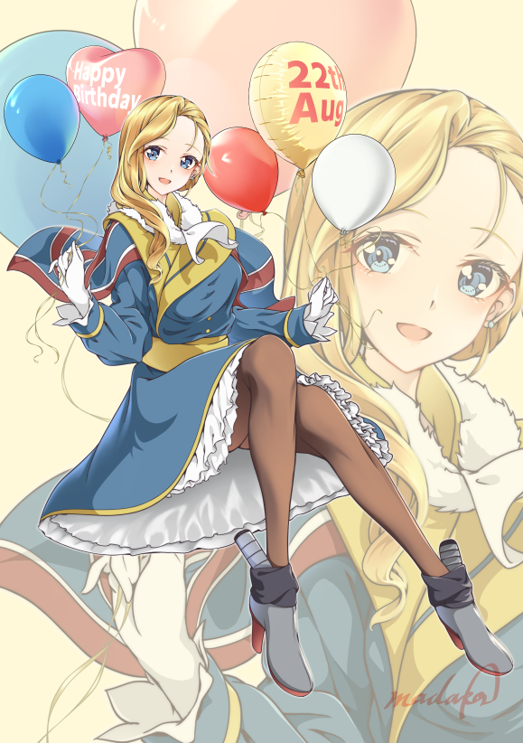 madakov kodima, hood (azur lane), azur lane, 1girl, balloon, blonde hair, blue capelet, blue dress, blue eyes, blush, boots, breasts, brown pantyhose, capelet, dress, earrings, gloves, hair over shoulder, happy birthday, hat, heart balloon, jewelry, large breasts, long hair, looking at viewer, pantyhose, signature, sitting, smile, solo, union jack, unworn hat, unworn headwear, white gloves, zoom layer