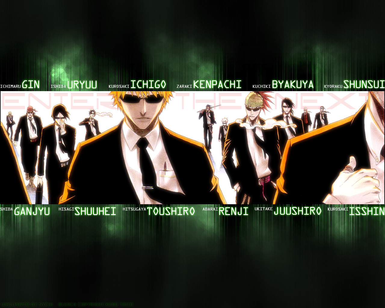 kubo tite, abarai renji, hisagi shuuhei, hitsugaya toushirou, ichimaru gin, ishida uryuu, kuchiki byakuya, kurosaki ichigo, kurosaki isshin, kyouraku shunsui, shiba ganju, ukitake juushirou, zaraki kenpachi, bleach, men in black, the matrix, official art, 6+boys, everyone, formal clothes, male focus, multiple boys, necktie, parody, suit, sunglasses