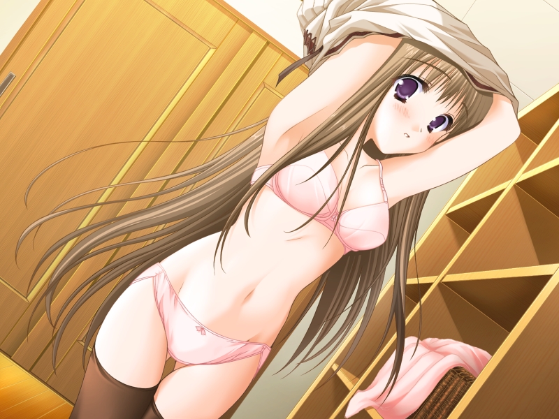 moekibara fumitake, tomoe yukina, nursery rhyme, 1girl, armpits, arms up, bow, bow bra, bow panties, bra, brown hair, dutch angle, female focus, lingerie, long hair, panties, pink bra, pink panties, pink theme, purple eyes, solo, thigh gap, thighhighs, thighs, underwear, underwear only, undressing, very long hair