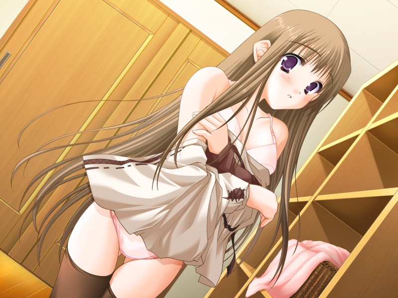 moekibara fumitake, tomoe yukina, nursery rhyme, game cg, 1girl, bra, brown hair, dutch angle, female focus, long hair, panties, pink bra, pink panties, pink theme, purple eyes, solo, thigh gap, thighhighs, thighs, underwear, undressing