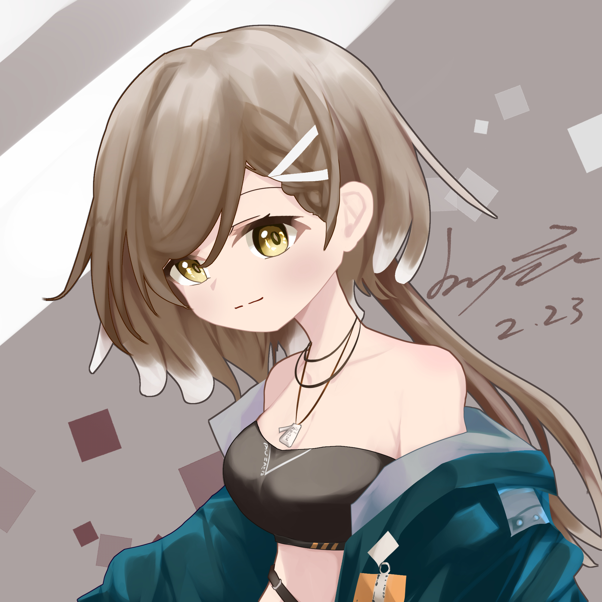 firewhistle (arknights), arknights, highres, 1girl, bandeau, bare shoulders, blue jacket, brown hair, grey background, jacket, long hair, looking at viewer, midriff, off shoulder, open clothes, open jacket, shiliu ye yi (night77), solo, strapless, tube top, upper body, very long hair, yellow eyes