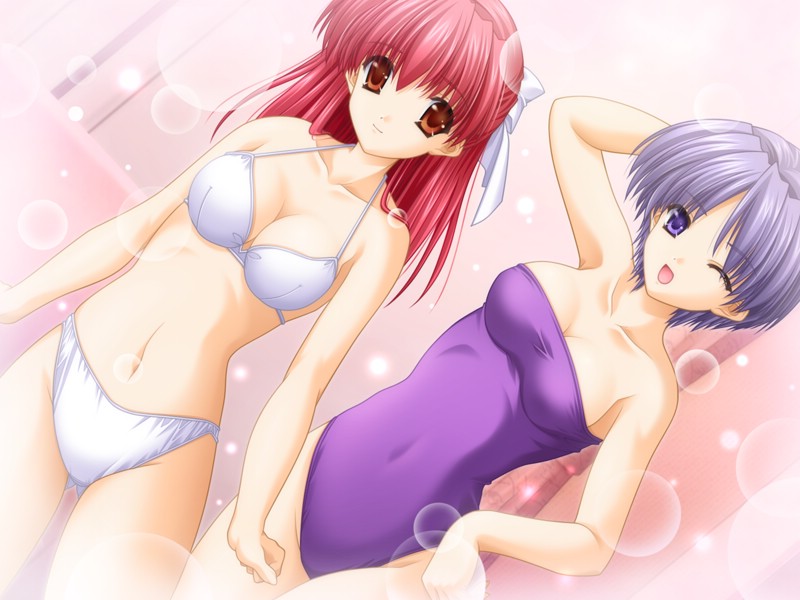 imai kana (as you like), kaidou michiru, as you like, game cg, 2girls, arm up, bare shoulders, bikini, blue eyes, blue hair, breasts, brown eyes, bubble, cleavage, dutch angle, female focus, leotard, long hair, multiple girls, one-piece swimsuit, one eye closed, open mouth, pink hair, purple leotard, purple one-piece swimsuit, red hair, short hair, smile, strapless, strapless leotard, swimsuit, wink