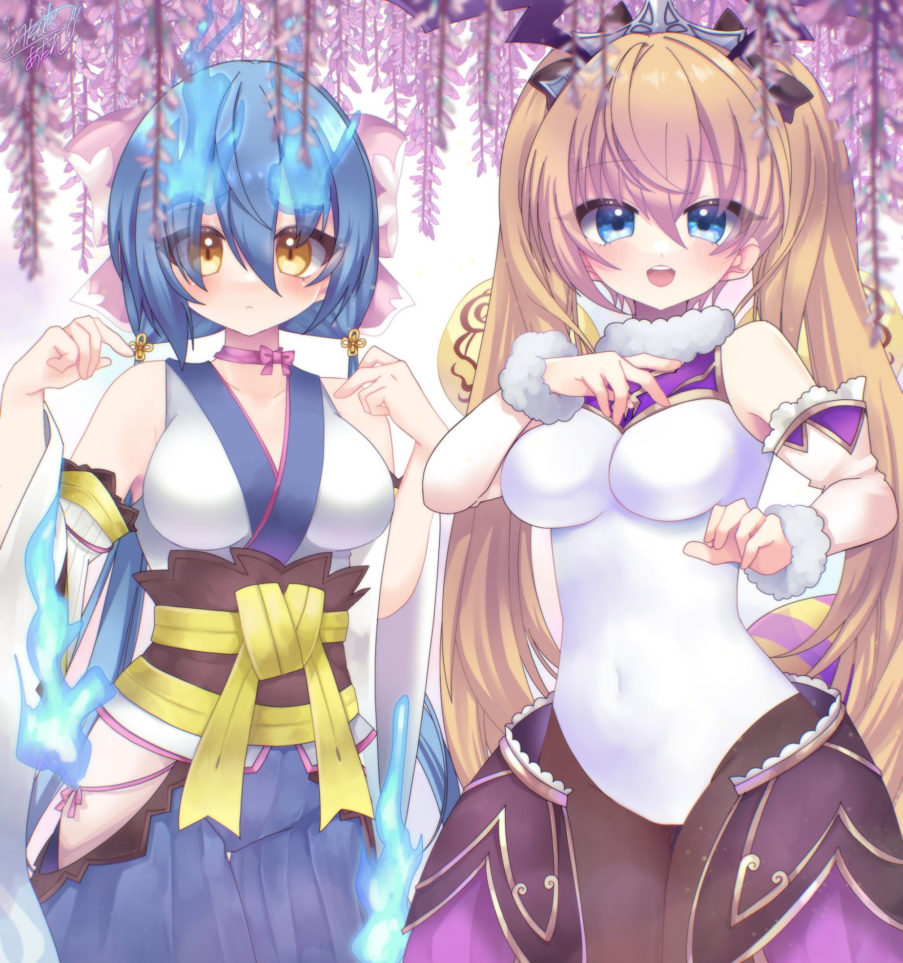 satsuki atan, emil chronicle online, highres, 2girls, antennae, arthropod girl, bare shoulders, bee girl, blonde hair, blue hair, blue pants, breasts, clothing cutout, detached sleeves, fireball, insect girl, japanese clothes, large breasts, leotard, long tail, low twintails, multiple girls, open mouth, pants, pantyhose, purple skirt, queenbee alma, skirt, tail, thigh cutout, tiara, twintails, white background, white leotard, white sleeves, wisp alma, yellow eyes