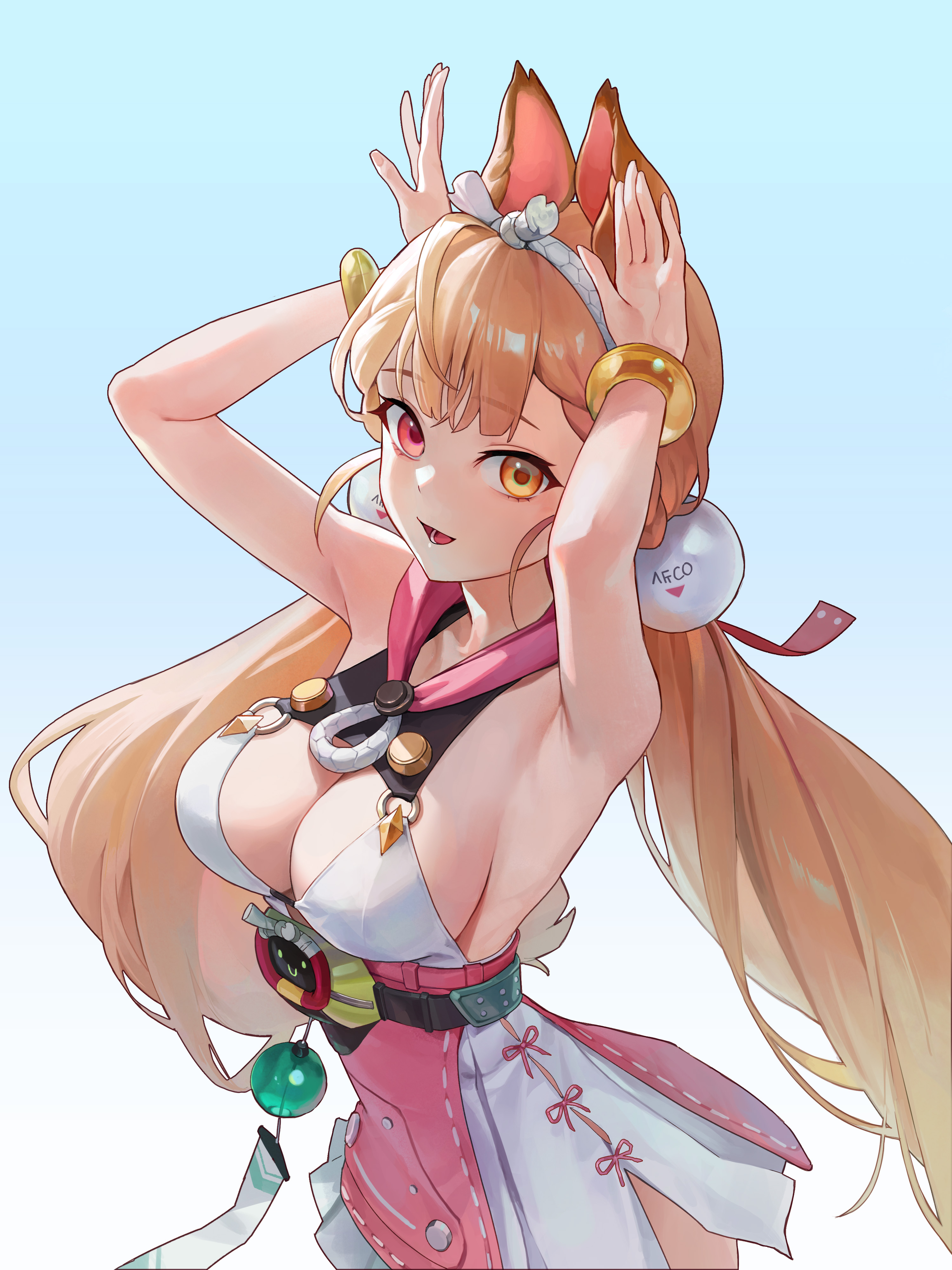 kjudraw, alice thymefield, alice thymefield (sea of thyme), zenless zone zero, absurdres, commentary, highres, 1girl, animal ears, armpits, arms up, breasts, cleavage, dress swimsuit, from side, hairband, heterochromia, large breasts, long hair, looking at viewer, looking to the side, low twintails, one-piece swimsuit, open mouth, rabbit ears, rabbit girl, rabbit pose, red eyes, solo, sphere hair ornament, standing, swimsuit, twintails, upper body, white hairband, white one-piece swimsuit, yellow eyes