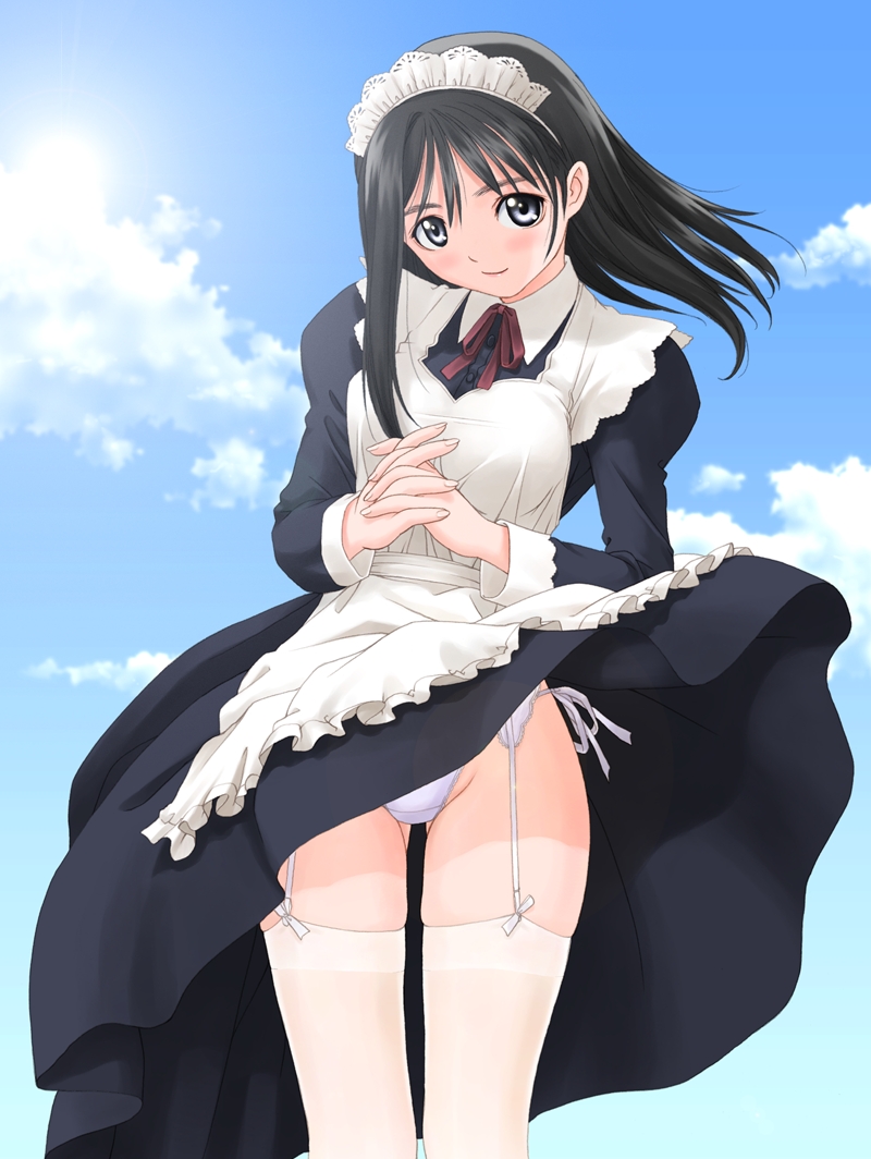 tony taka, watase nozomi, genmukan, 00s, 1girl, apron, black dress, black eyes, black hair, blush, dress, female focus, garter belt, headdress, lingerie, maid, maid apron, maid headdress, panties, pantyshot, ribbon, side-tie panties, solo, standing, thighhighs, underwear, upskirt, white panties, white thighhighs, wind, wind lift