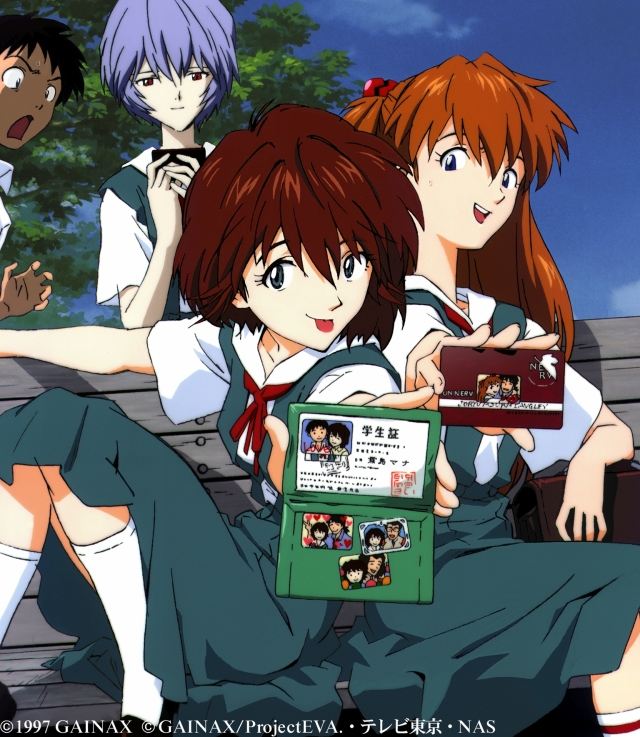 aoba shigeru, ayanami rei, hyuuga makoto, ikari shinji, kaji ryouji, kirishima mana, souryuu asuka langley, gainax, girlfriend of steel, neon genesis evangelion, neon genesis evangelion: iron maiden, white legwear, official art, 1990s (style), 1997, 1boy, 3girls, :d, :o, :p, arm support, bag, bench, black eyes, black hair, blue eyes, blue hair, breasts, brown hair, character name, closed mouth, cloud, collared shirt, company name, constricted pupils, copyright notice, couple, dated, day, facing viewer, foreshortening, hair between eyes, heart, hetero, holding, holding id card, id card, interface headset (evangelion), kneehighs, knees together feet apart, knees up, light smile, loafers, long hair, looking at viewer, looking down, multiple girls, neck ribbon, nerv, open mouth, orange hair, outdoors, outstretched arm, pale skin, park bench, photo (object), red eyes, red hair, retro artstyle, ribbon, school bag, school uniform, serafuku, shirt, shoes, short hair, sitting, skirt, sky, small breasts, smile, socks, summer uniform, surprised, suspender skirt, suspenders, sweatdrop, tongue, tongue out, tree, wallet, white socks, wide-eyed