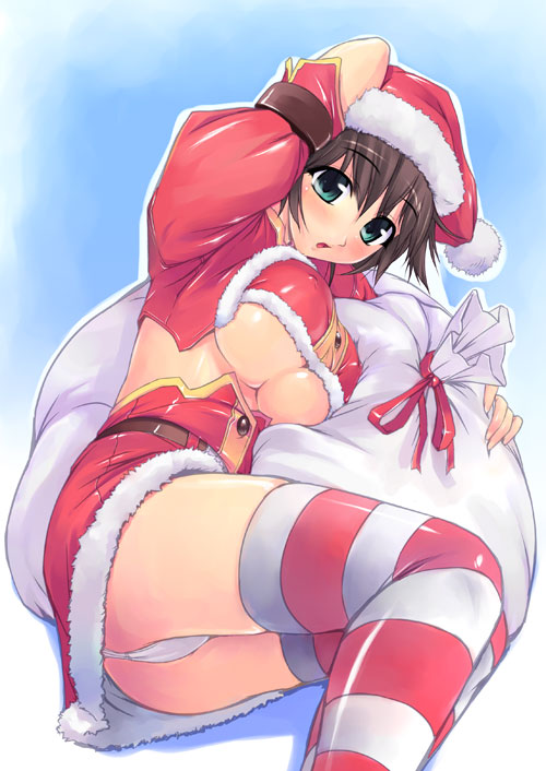 amei sumeru, original, 1girl, ass, breasts, brown hair, christmas, covered erect nipples, female focus, green eyes, hat, jacket, large breasts, lying, on side, panties, santa costume, santa hat, short hair, skirt, solo, striped clothes, striped thighhighs, thighhighs, underboob, underwear, white panties