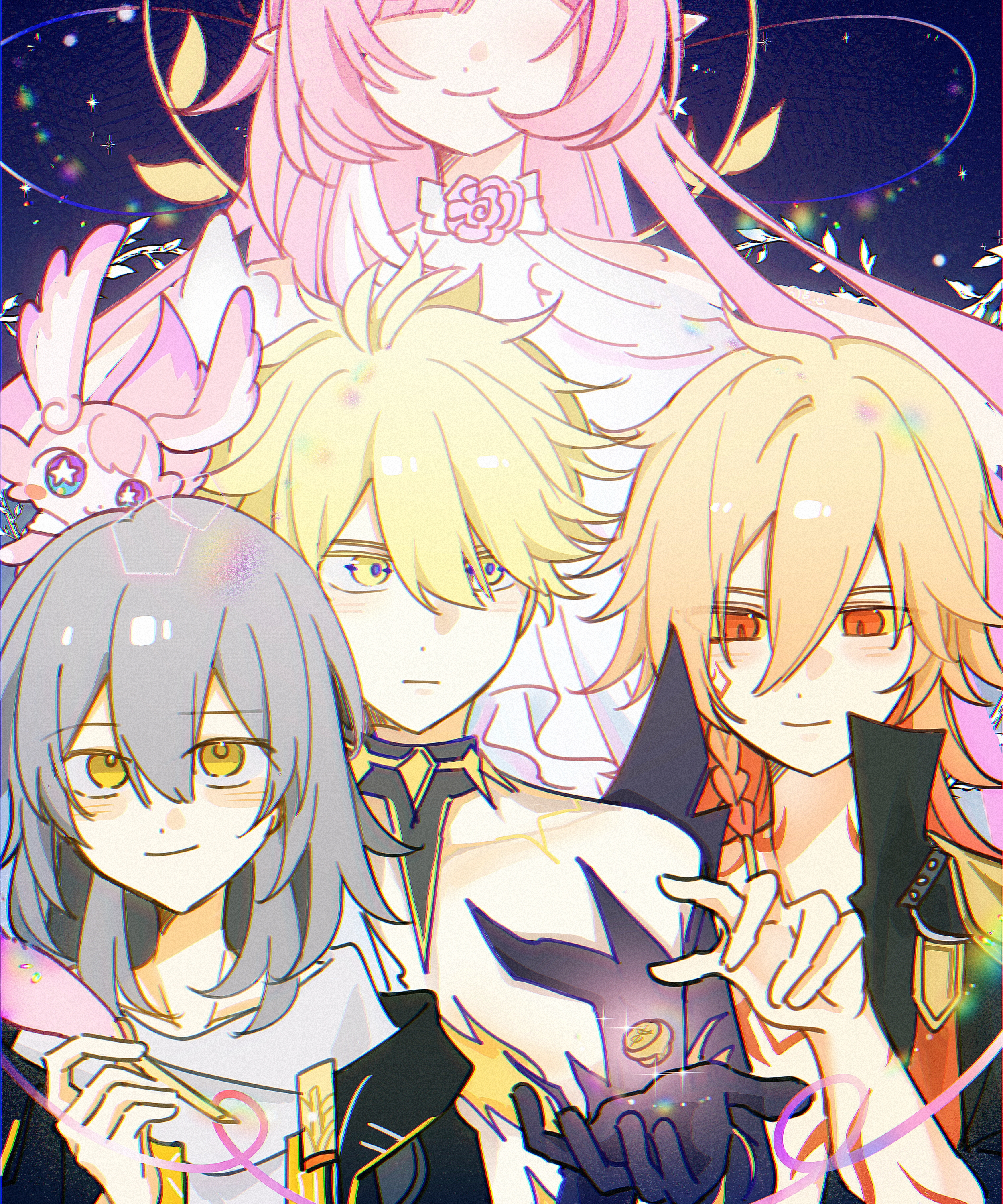 cyrene (honkai: star rail), mem (honkai: star rail), mydei (honkai: star rail), phainon (honkai: star rail), phainon (khaslana) (honkai: star rail), stelle (honkai: star rail), trailblazer (honkai: star rail), honkai: star rail, honkai (series), absurdres, chinese commentary, commentary request, highres, 2boys, 2girls, black hands, black jacket, blonde hair, chest tattoo, colored extremities, dress, grey hair, halo, jacket, long hair, medium hair, multiple boys, multiple girls, orange eyes, pink hair, pointy ears, red tattoo, smile, tattoo, very long hair, white dress, xiaojin72708, yellow eyes