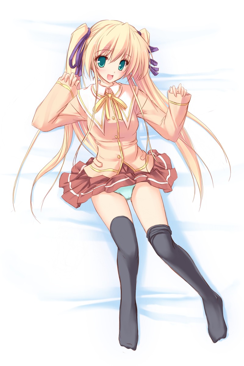 tenmaso, hiiragi anri, housen elis, canvas (cocktail soft), canvas 2, happiness!, highres, 00s, 1girl, black thighhighs, blonde hair, female focus, green eyes, hair ribbon, jacket, long hair, lying, miniskirt, on back, panties, pantyshot, ribbon, school uniform, serafuku, skirt, solo, thighhighs, twintails, underwear, white panties