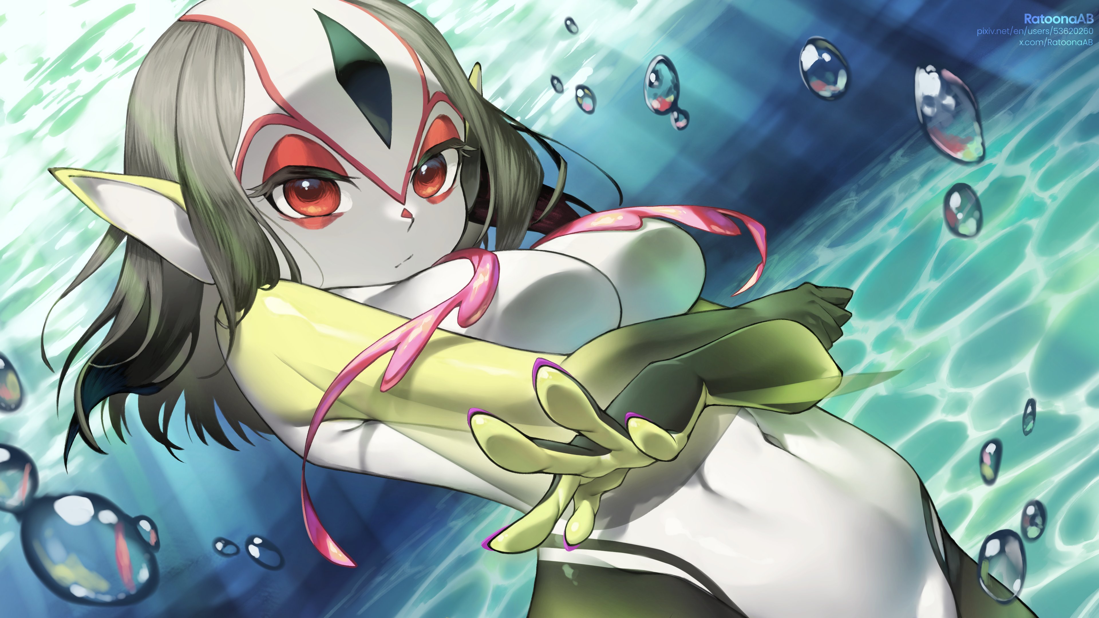 ratoona ab, mutio, ao no roku-gou, absurdres, highres, air bubble, breasts, bubble, colored skin, completely nude, facial mark, fins, fish girl, forehead mark, looking at viewer, medium breasts, monster girl, multicolored hair, multicolored skin, nude, pointy ears, red eyes, solo, underwater, yellow skin